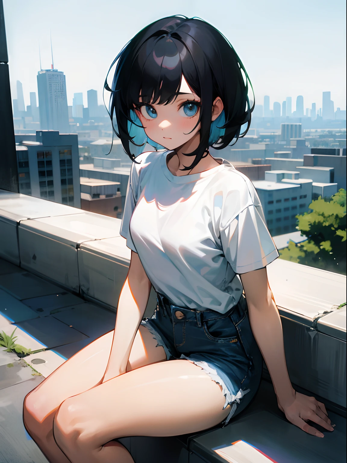 1  girl, short black hair, wearing plain white shirt, denim shorts, city, absurdres, ultrasharp, 8k, masterpiece, looking at viewer