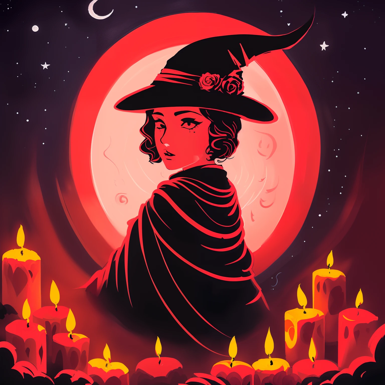 ((Cultist Simulator, masterpiece, best quality, detailed, absuredres)), red moon, ((girl, woman, female wizard:1.6, 1girl, closeup)), night, stars, clouds, candles, candle fire, (expressionism, painting, paint strokes, simple, simplistic style), roses, flowers