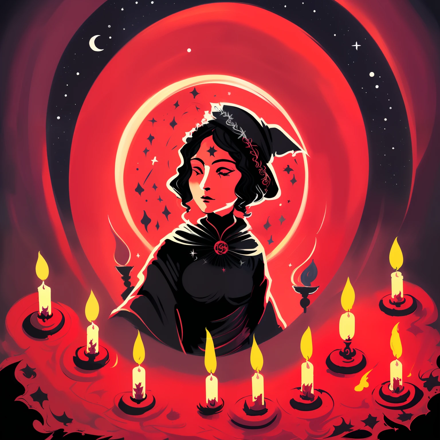 ((Cultist Simulator, masterpiece, best quality, detailed, absuredres)), red moon, ((girl, woman, female wizard:1.6, 1girl, closeup)), night, stars, clouds, candles, candle fire, (expressionism, painting, paint strokes, simple, simplistic style), roses, flowers