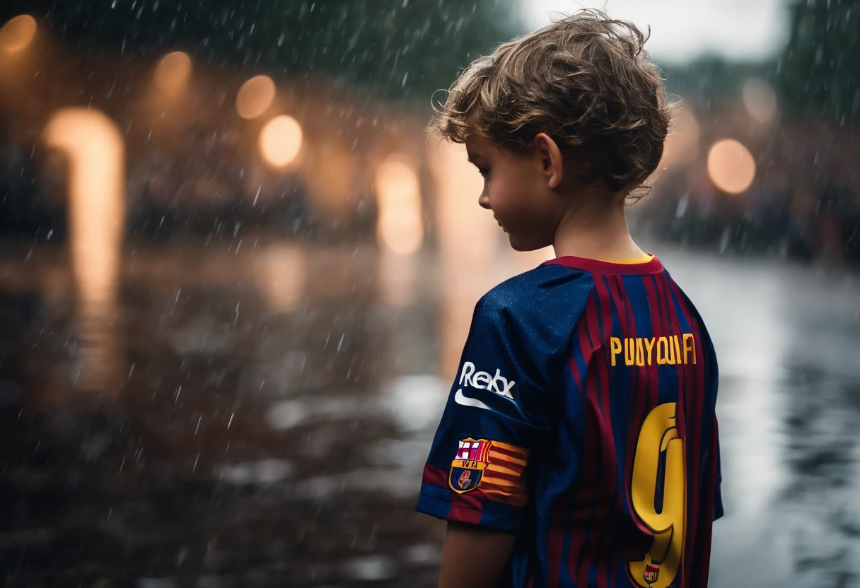 A 6 YEAR OLD CHILD WEARING THE FC BARCELONA JERSEY IN THE RAIN, intricate details, HDR, beautifully shot, realistic, sharp focus, 64 megapixels, perfect composition, high contrast, cinematic, 8K, CAUCASIAN, GOLDEN HAIR, BLUE EYES, SAD, LONELY, CRYING