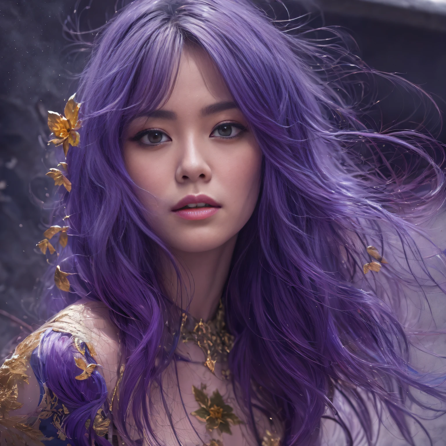 32K（tmasterpiece，k hd，hyper HD，32K）Long flowing bright purple hair，Autumn Pond，zydink， a color， Asian people （Silly girl）， （Silk scarf）， Combat posture， looking at the ground， long whitr hair， Floating bright purple， Fire cloud pattern gold tiara， Chinese long-sleeved gold silk garment， （abstract ink splash：1.2）， white backgrounid，Lotus protector（realisticlying：1.4），Bright purple hair，Smoke on the road，The background is pure， A high resolution， the detail， RAW photogr， Sharp Re， Nikon D850 Film Stock Photo by Jefferies Lee 4 Kodak Portra 400 Camera F1.6 shots, Rich colors, ultra-realistic vivid textures, Dramatic lighting, Unreal Engine Art Station Trend, cinestir 800，Long flowing bright purple hair