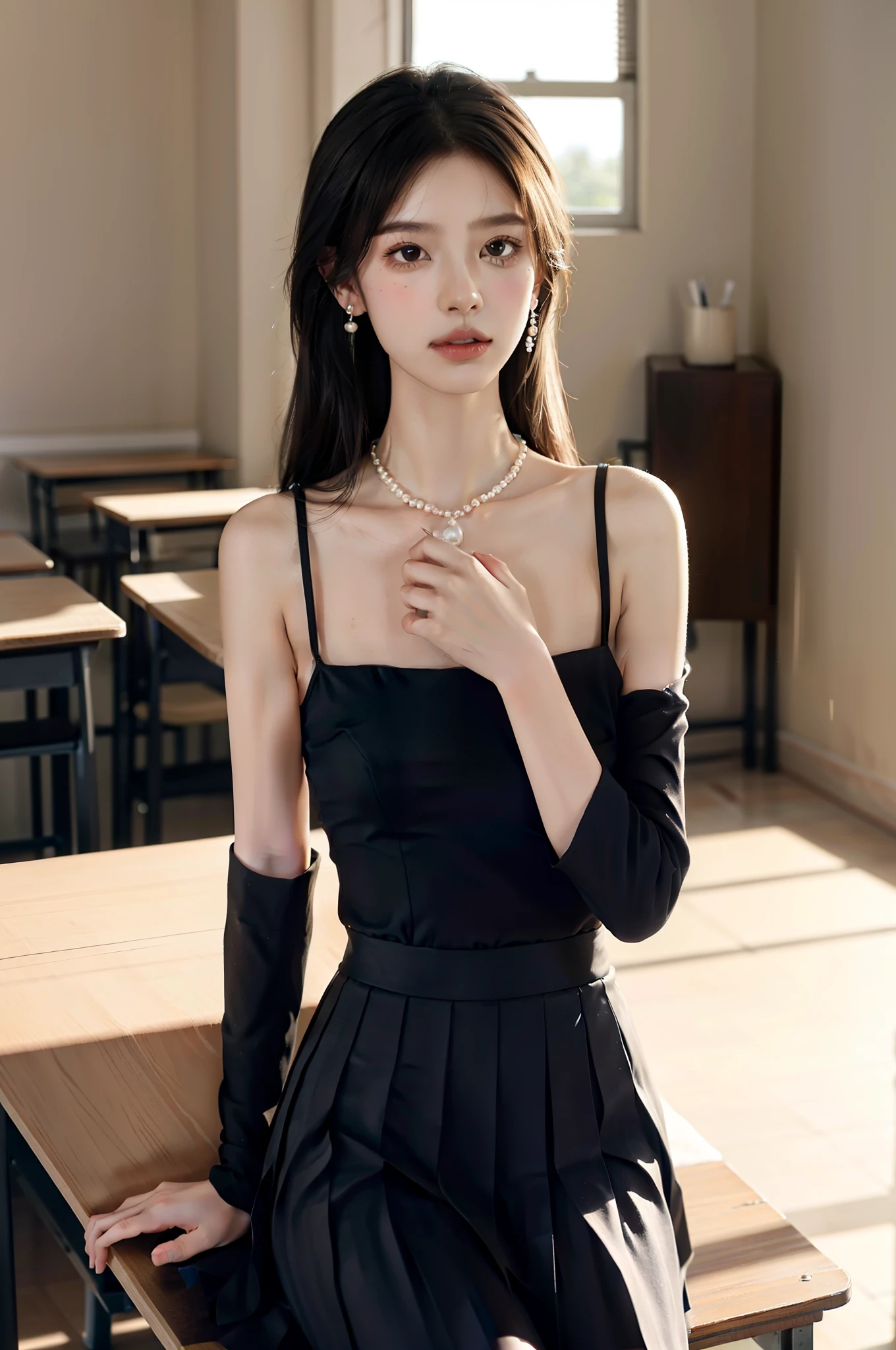 ((cowboy shot)), ((Parallel perspective)), ((realistic)), 1girl, Asian model, slim, slender leg, ((Black suit, tiese, White pleated skirt)), Campus style, ‎Classroom, sitting on the classroom desk, (warm lights, a warm color palette), Detailed details, ultra-detailliert, (tmasterpiece, best qualtiy), (An extremely delicate and beautiful work), Delicate pearl necklace, Delicate earrings, Simple blurred background, Extreme detail description, Ultra-fine painting, Delicate face, slim toned body, Fine collarbones