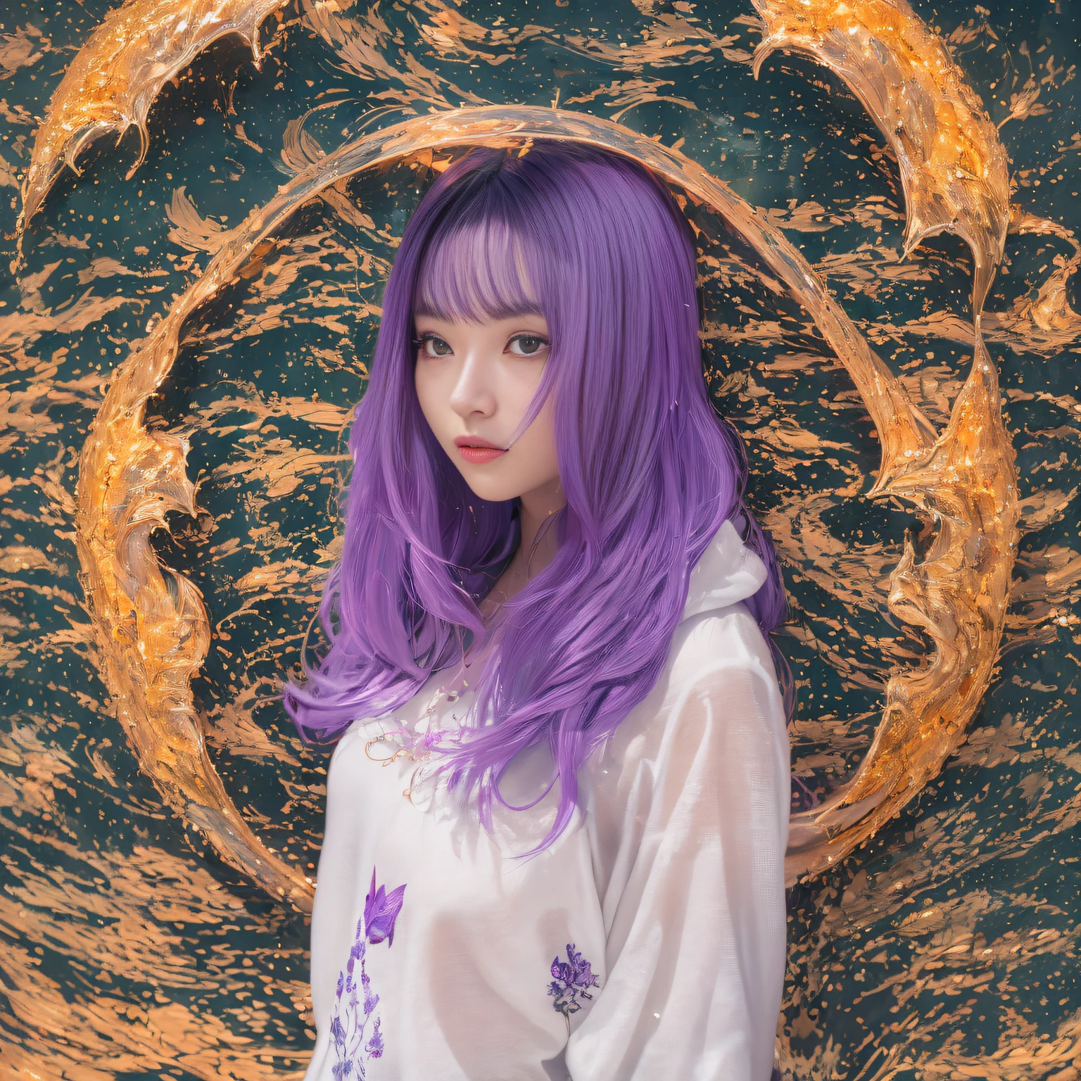 32K（tmasterpiece，k hd，hyper HD，32K）Long flowing bright purple hair，Autumn Pond，zydink， a color， Asian people （Silly girl）， （Silk scarf）， Combat posture， looking at the ground， long whitr hair， Floating bright purple， Fire cloud pattern gold tiara， Chinese long-sleeved gold silk garment， （abstract ink splash：1.2）， white backgrounid，Lotus protector（realisticlying：1.4），Bright purple hair，Smoke on the road，The background is pure， A high resolution， the detail， RAW photogr， Sharp Re， Nikon D850 Film Stock Photo by Jefferies Lee 4 Kodak Portra 400 Camera F1.6 shots, Rich colors, ultra-realistic vivid textures, Dramatic lighting, Unreal Engine Art Station Trend, cinestir 800，Long flowing bright purple hair