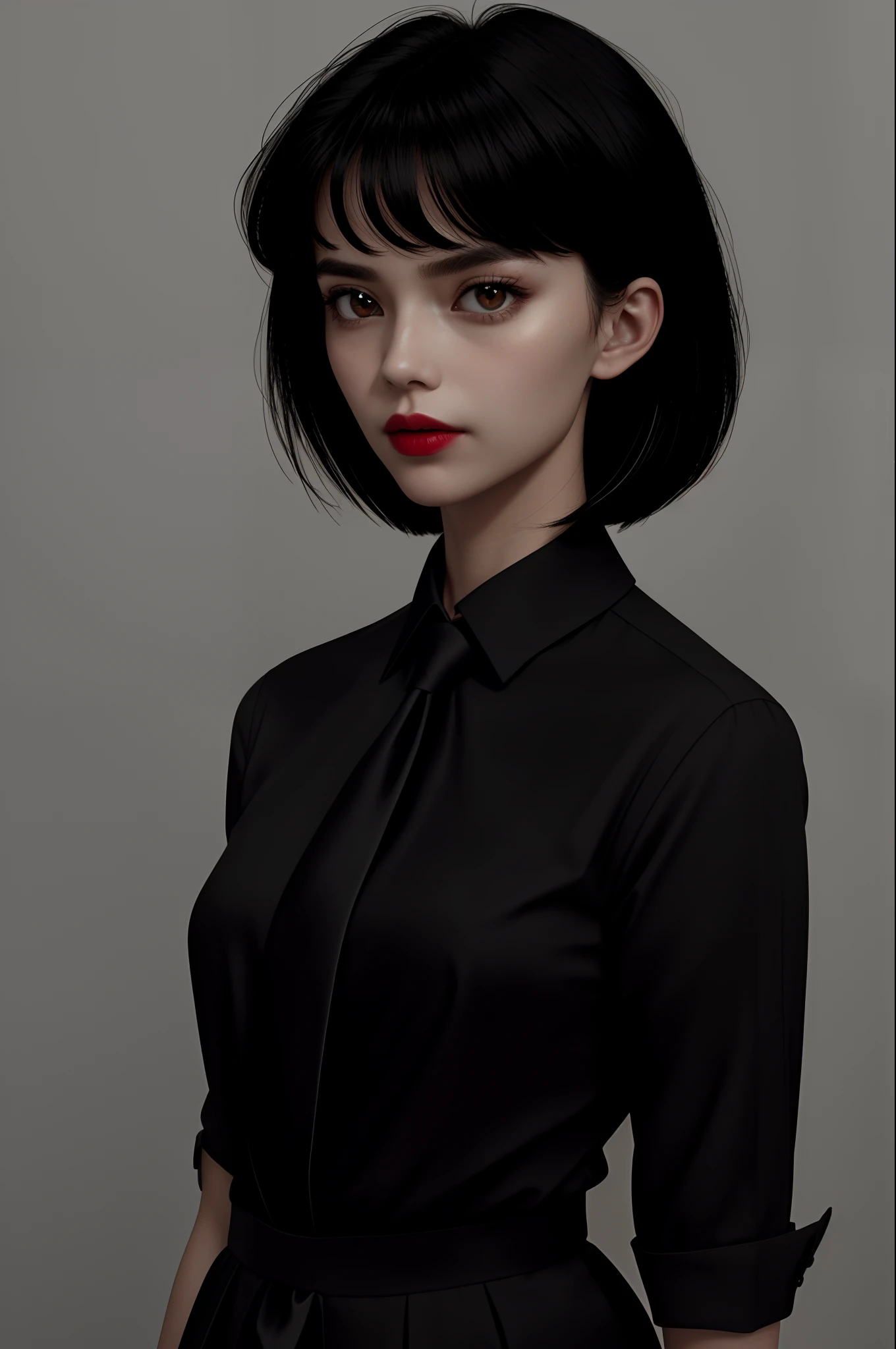 a 1girl, body complet, very detail, a lot of details, very extremely beautiful, ((tmasterpiece)), (short neck-length hair), (black necktie, Red shirt), bright colours, looks into the distance,