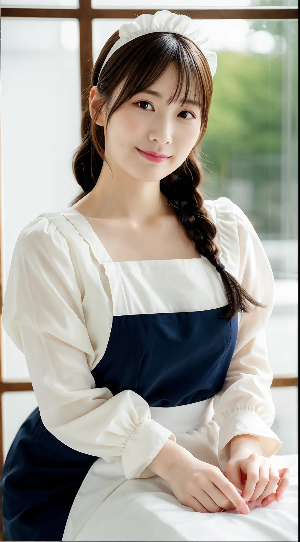 (8K, Raw photography, top-quality, masterpiece: 1.2), masterpiece, Super Detail, 超A high resolution, (Realistic and realistic photos: 1.37), high-definition RAW color photography, extremely delicate and beautiful, ighly detailed, 8K Wallpaper, astonishing, detaileds, extremely detailed eye, highlydetailed skin, extremely detailed fingers, highly detailed nose, highly detail mouth, perfect anatomia,1girl in, Apron, Black Dress, Blurry, Blurry background, Blurred foreground, blush, braid, Colossal tits, depth of fields, Dress, eyebrows visible through hair, frilld, gloves, hair between eye, Indoors, Jewelry, juliet sleeves, Long sleeves, Looking at Viewer, maid, maid apronl, Maid headdress, Puffy sleeves, Short hair, Sitting, Solo, White Apron, window, Huge boobs、乃木坂アイドル、韓国アイドル、hposing Gravure Idol、女優、25-years old、tall、cafes、resturant、Italy、Americans、Australia,韓国アイドル、乃木坂アイドル、女優、hposing Gravure Idol