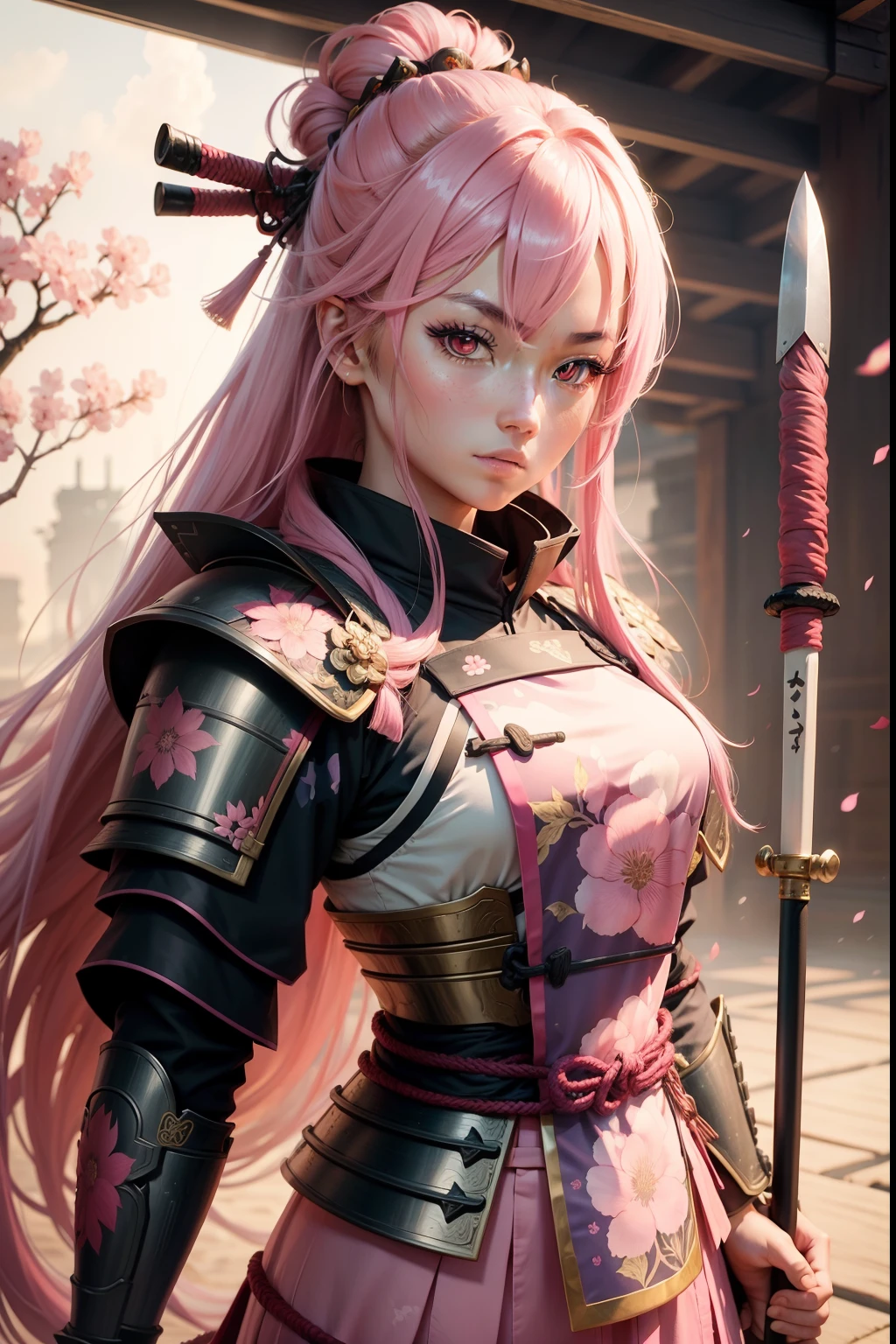 samurai girl, armor, spear, floral clothing, pink eyes, long hair, pink hair
