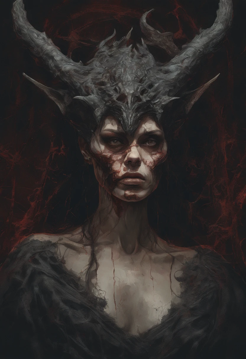 Female Demon zombie with horns protruding out of her head, thick red thorns intertwining around her piercing her skull, Ben Bauchau, Michael Garmash, Daniel F Gerhartz, Clint Cearley, Carne Griffiths, Jean Baptiste Monge, strybk style, warm dreamy lighting, matte background, cinematic lighting, pulp adventure style, fluid acrylic, dynamic gradients, bold color, illustration, highly detailed, simple, smooth and clean vector curves, vector art, smooth, johan grenier, character design, 3d shadowing, fanbox, cinematic, ornate motifs, elegant organic framing, hyperrealism, posterized, masterpiece collection, bright lush colors, TXAA, penumbra, alcohol paint, wet gouache 4k, hyper realistic, masterpiece, highly detailed, digital painting, best quality, highres, detailed work, post - processing, perfect result, perfect face, perfect eyes