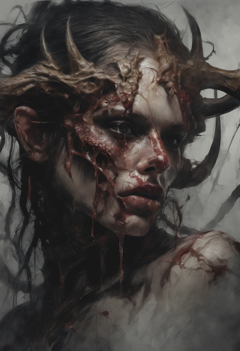 Female Demon zombie with horns protruding out of her head, thick red thorns intertwining around her piercing her skull, Ben Bauchau, Michael Garmash, Daniel F Gerhartz, Clint Cearley, Carne Griffiths, Jean Baptiste Monge, strybk style, warm dreamy lighting, matte background, cinematic lighting, pulp adventure style, fluid acrylic, dynamic gradients, bold color, illustration, highly detailed, simple, smooth and clean vector curves, vector art, smooth, johan grenier, character design, 3d shadowing, fanbox, cinematic, ornate motifs, elegant organic framing, hyperrealism, posterized, masterpiece collection, bright lush colors, TXAA, penumbra, alcohol paint, wet gouache 4k, hyper realistic, masterpiece, highly detailed, digital painting, best quality, highres, detailed work, post - processing, perfect result, perfect face, perfect eyes