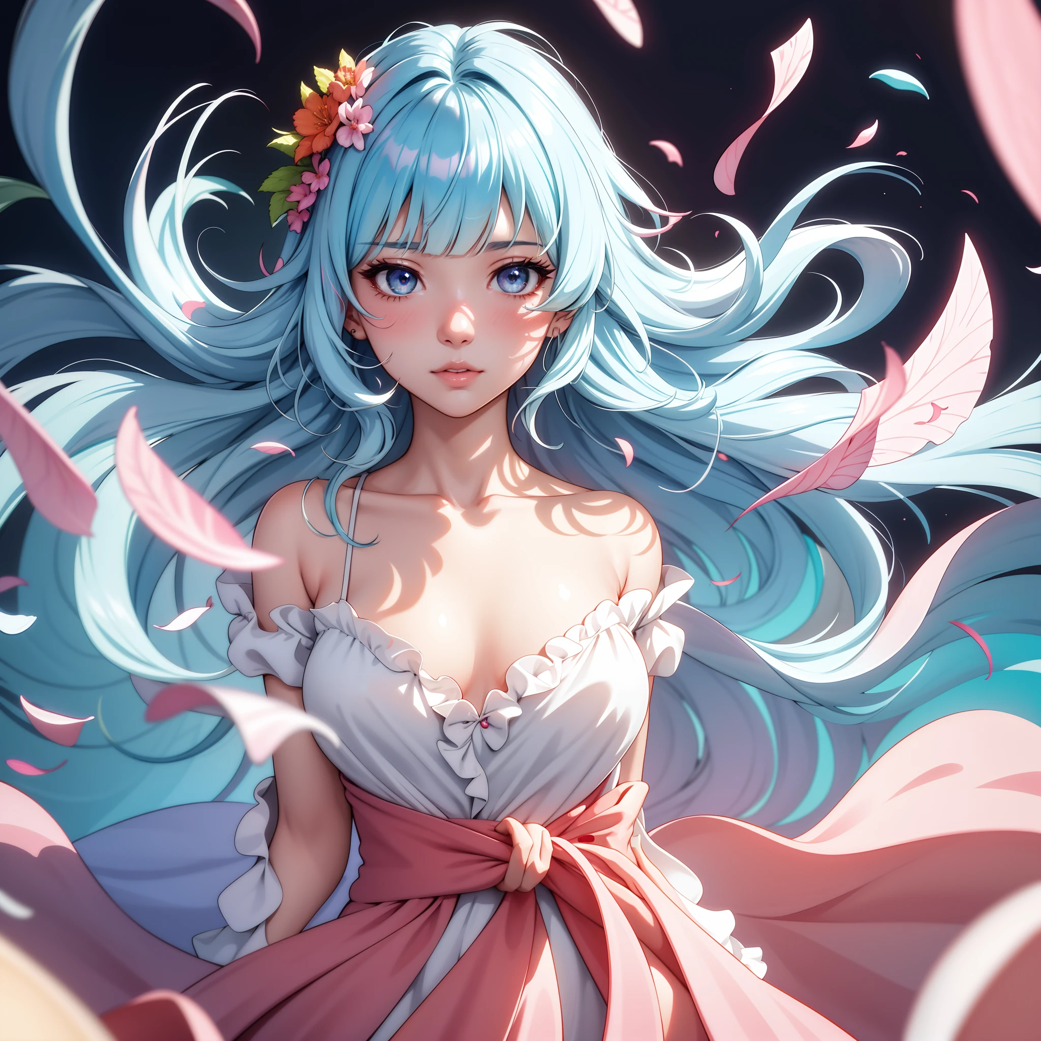 masterpiece), (best quality), (ultra-detailed),(disheveled hair),(illustration), (1girl), (Fashionable clothing), standing, Fashion model, looking at the viewer, (interview), (simple background), beautiful detailed eyes, delicate beautiful face, Floating,(high saturation),(colorful splashes), colorful bubble,(shining), focus on the face, kamisato Ayaka, light blue hair, bangs, hair ring, floating flowers, floating hairs. Girl, anime waifu, looking at viewer, highly-detailed, reflections transparent iridescent colors, long transparent iridescent RGB hair, thick acrylic, illustration on pixiv, waist up portrait, character style rendered by Octane, not body shaming