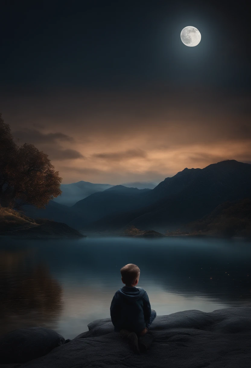 ultra realastic qauality,ultta realastic details,8k,dark night,moon shine,alone boy,large background,small boy