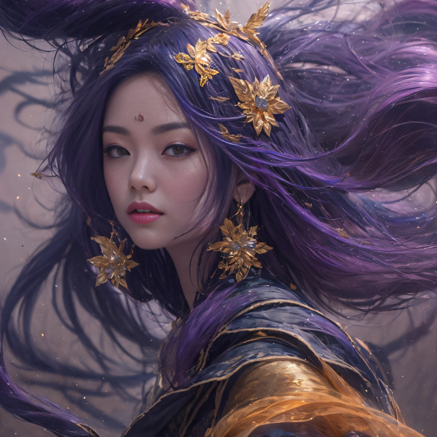 32K(tmasterpiece,k hd,hyper HD,32K)Long flowing bright purple hair,Autumn Pond,zydink, a color, Asian people (Silly girl), (Silk scarf), Combat posture, looking at the ground, long whitr hair, Floating bright purple, Fire cloud pattern gold tiara, Chinese long-sleeved gold silk garment, (abstract ink splash:1.2), white backgrounid,Lotus protector(realisticlying:1.4),Bright purple hair,Smoke on the road,The background is pure, A high resolution, the detail, RAW photogr, Sharp Re, Nikon D850 Film Stock Photo by Jefferies Lee 4 Kodak Portra 400 Camera F1.6 shots, Rich colors, ultra-realistic vivid textures, Dramatic lighting, Unreal Engine Art Station Trend, cinestir 800,Long flowing bright purple hair