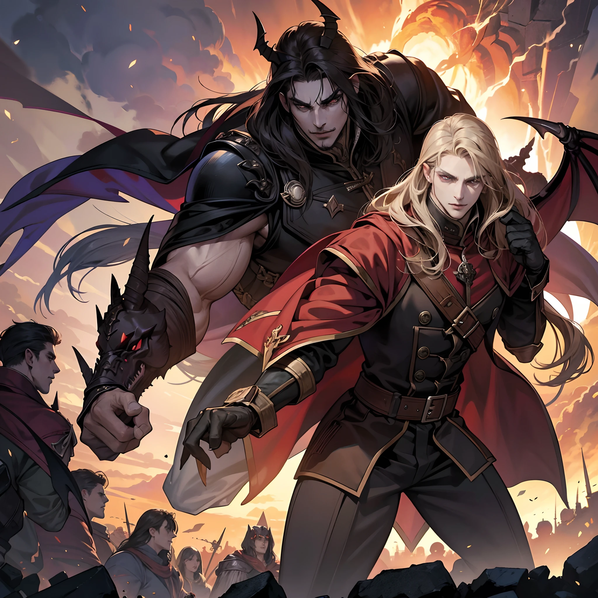 Castlevania Shadow Lord handsome muscular Lord Dracula leading troops armed with demons to war hyper realistic super detailed Dynamic pose super detailed faces hyper realistic super detailed