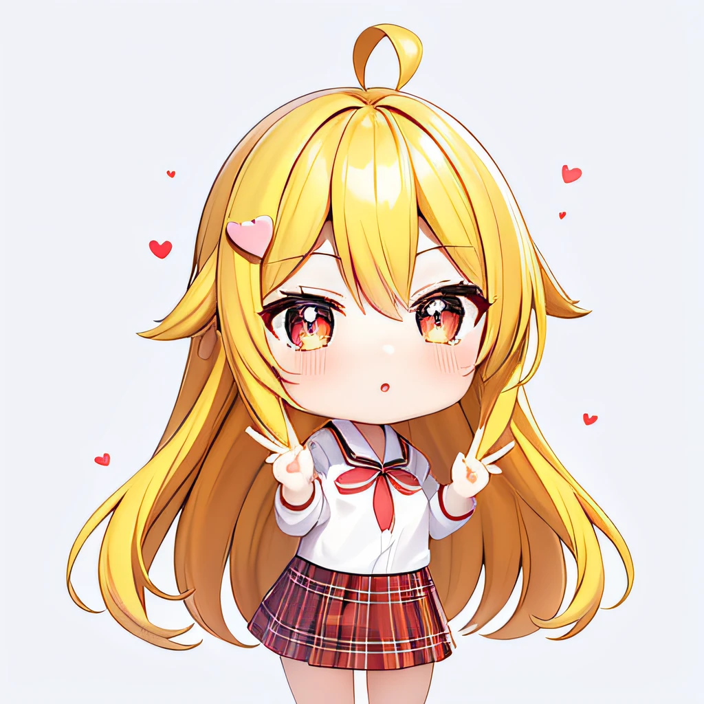 round image, caizi touxiang, 1girl, heart, solo, virtual youtuber, symbol-shaped pupils, ahoge, yellow hair, heart-shaped pupils, long hair, plaid, blush, bangs, brown eyes, shirt, outline, heart ahoge, white outline, plaid shirt, upper body, collared shirt, chibi, parted lips, looking at viewer, school uniform, simple background, sparkle, unmoving pattern, hairclip, happy