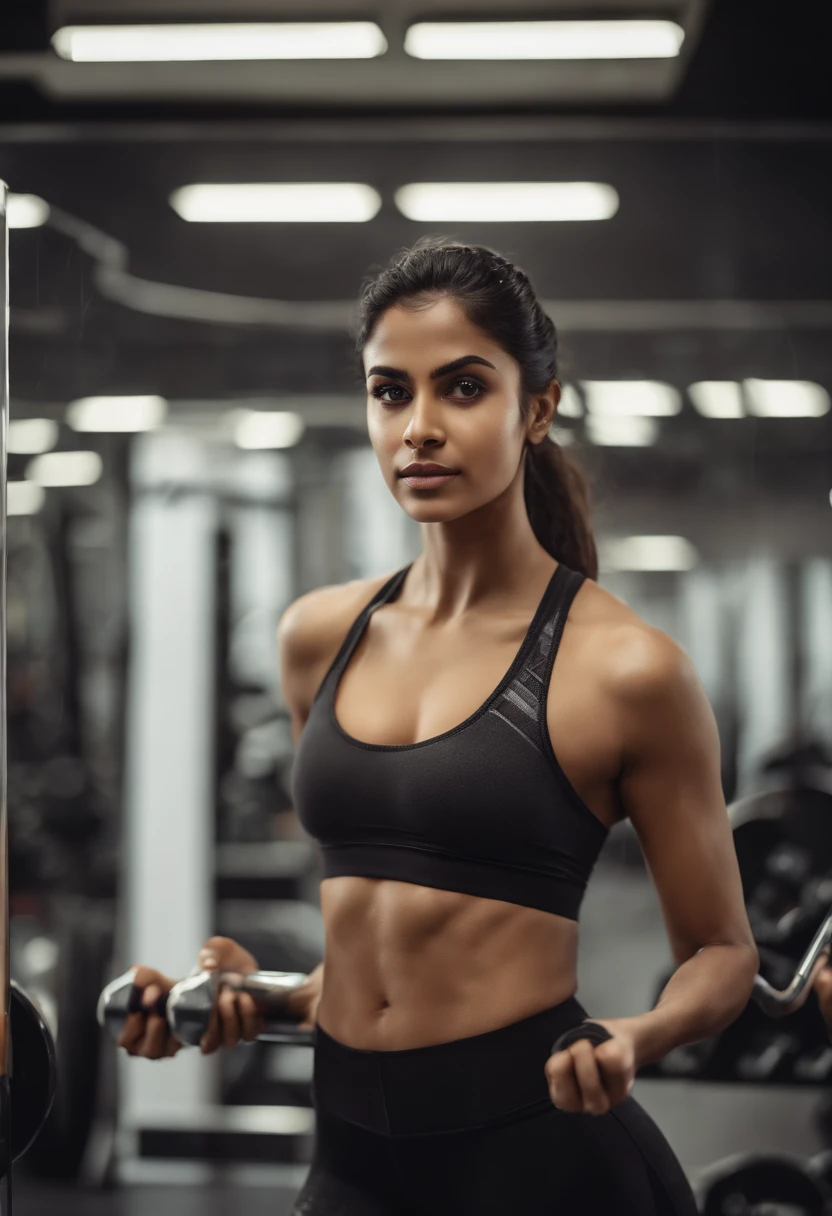 Visualize a young Indian woman, wearing wet transparent clothes, standing confidently in a modern gym. She's surrounded by various workout equipment and weights. Her determined expression and focused posture reflect her dedication to her fitness journey. In the background, motivational posters and mirrors add to the energetic atmosphere of the gym. This image captures the essence of a fitness enthusiast in an Indian setting, inspiring others with her commitment to a healthy lifestyle.