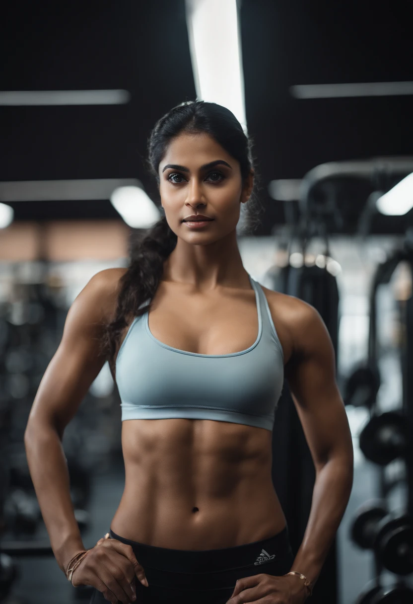 Visualize a young Indian woman, wearing wet transparent clothes, standing confidently in a modern gym. She's surrounded by various workout equipment and weights. Her determined expression and focused posture reflect her dedication to her fitness journey. In the background, motivational posters and mirrors add to the energetic atmosphere of the gym. This image captures the essence of a fitness enthusiast in an Indian setting, inspiring others with her commitment to a healthy lifestyle.