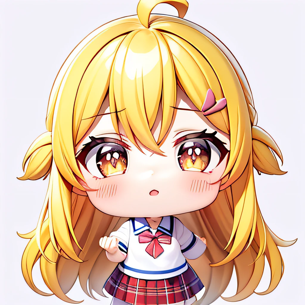 round image, caizi touxiang, 1girl, heart, solo, virtual youtuber, symbol-shaped pupils, ahoge, yellow hair, heart-shaped pupils, long hair, plaid, blush, bangs, brown eyes, shirt, outline, heart ahoge, white outline, plaid shirt, upper body, collared shirt, chibi, parted lips, looking at viewer, school uniform, simple background, sparkle, unmoving pattern, hairclip, happy