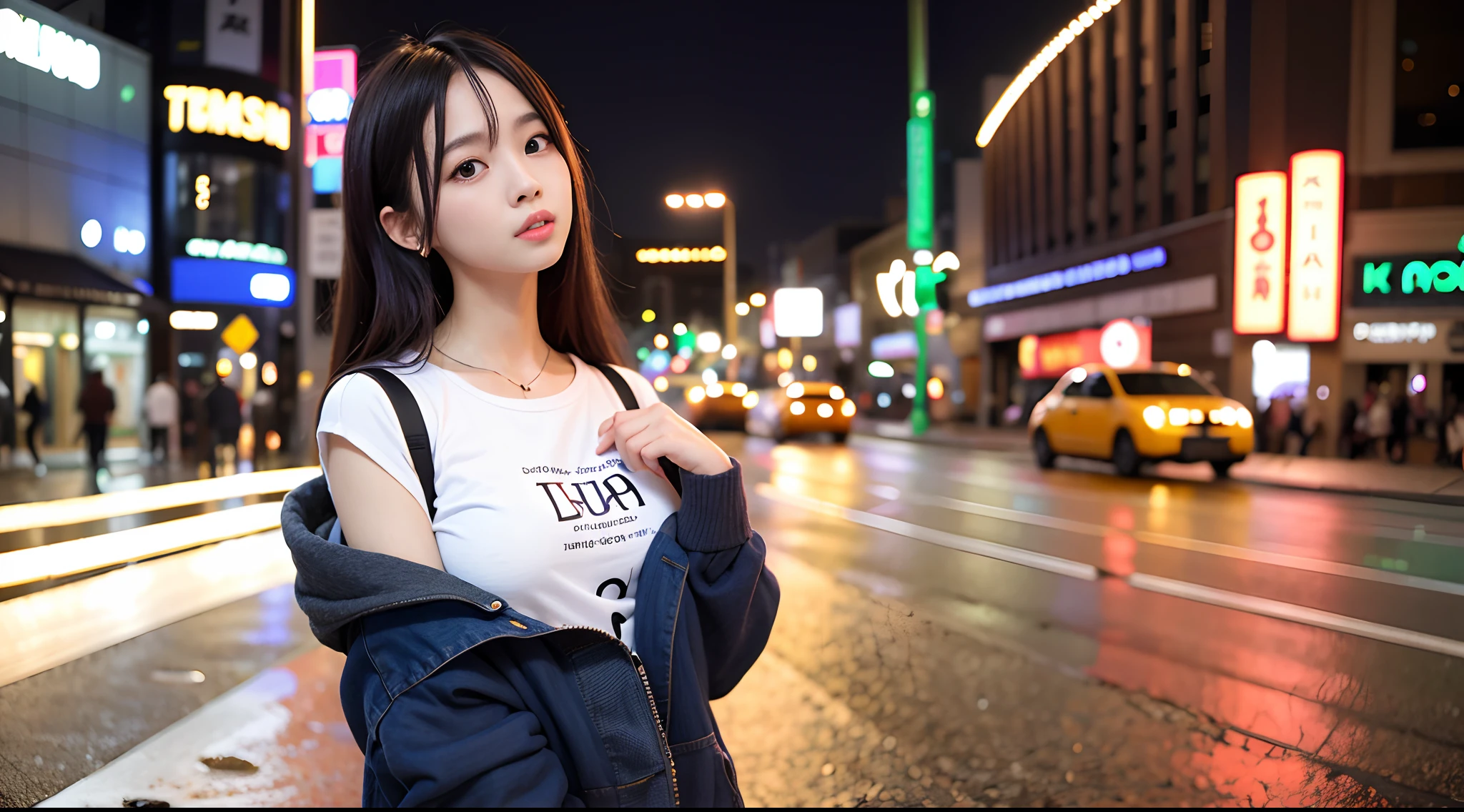 (8K, RAW photo, Best quality, Masterpiece:1.2), (Realistic, photo-realistic:1.37),(PureErosFace_V1:0.2), (Ulzzang-6500:0.6), Omertosa,1girll,(Kpop idol), (aegyo sal:1),Cute,Cityscape, Night, rain, Wet, Professional lighting, photon maping, Radio City, Physically-based rendering