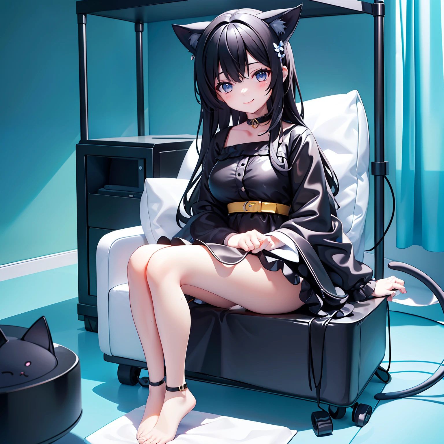 girl with black hair, yellowish left eye and wet blue right eye, black dress, sweet and shy smile, clear outline, cat tail (background room)