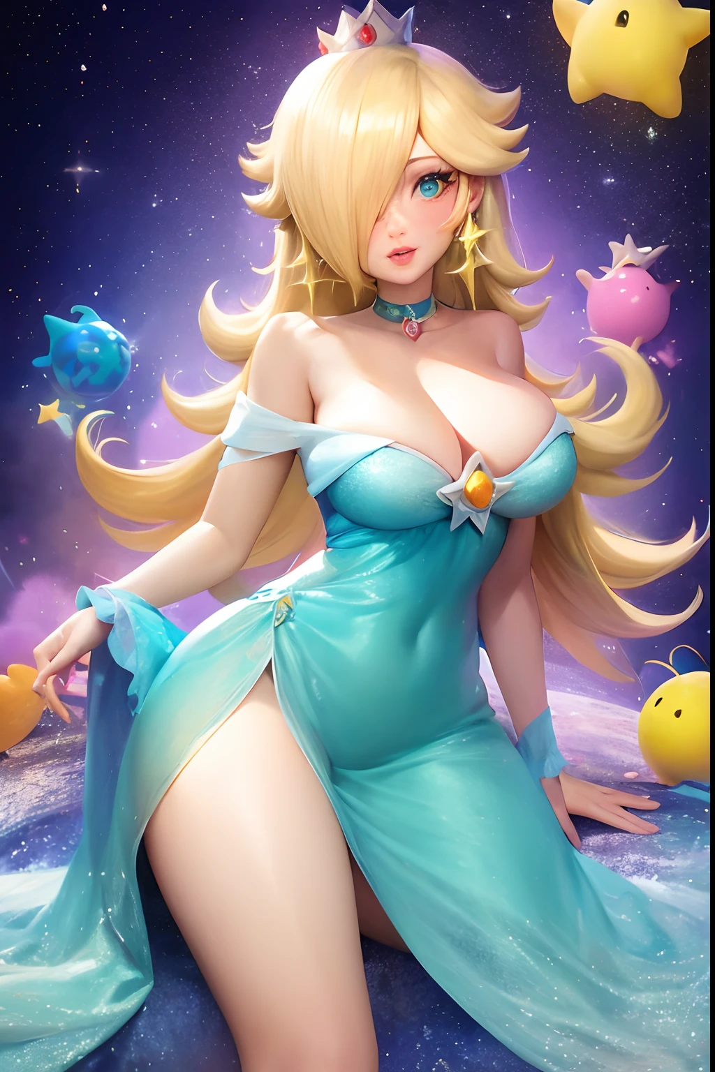 imagem arafed de uma mulher em um vestido azul sentado em um planeta, Princess Peach), portrait of princess peach, Princess Peach, borboleta estrela, ! arte dos sonhos, Artgerm extremamente detalhado, Loira - Princesa Cabelos, Wlop e RossDraw, Danbooru e ArtStation, princess intergalactica, Rossdraw 2. 5, RossDraw pintura digital