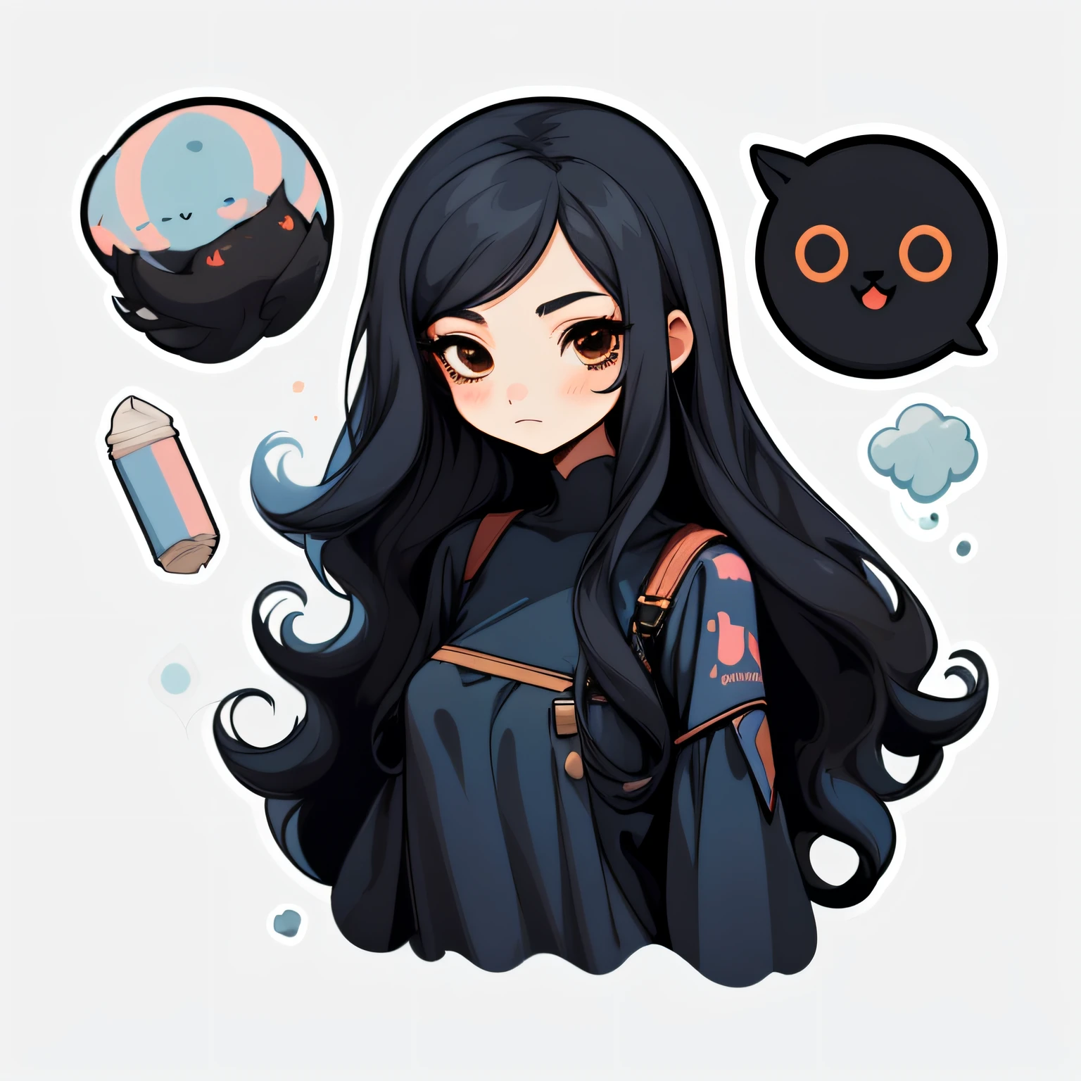 1 sticker, handbook, (a stylish girl, black long hair, brown eyes , model, dark blue gown, cool and cool), white background, simple background, minimal, cute, tiny, pastel color, vector style, no gradient