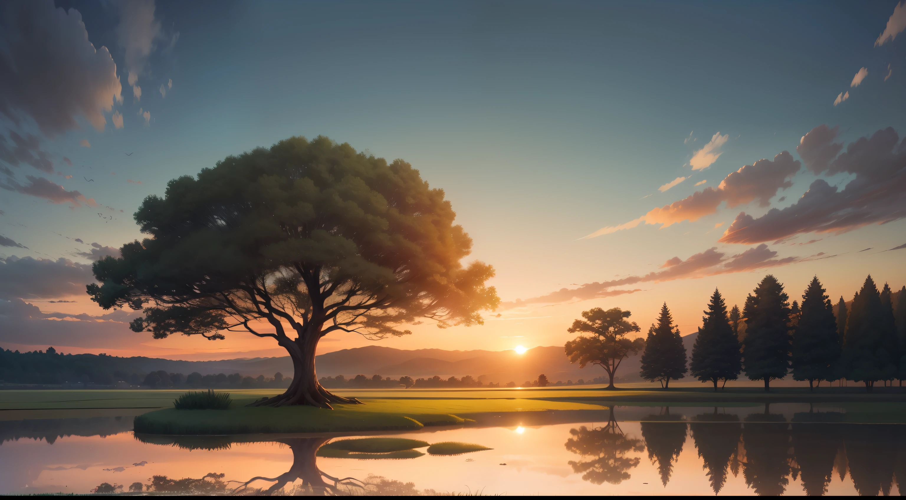A panoramic image with a landscape that inspires tranquility and reflection, like a sunset over a verdant field. muitos arvores