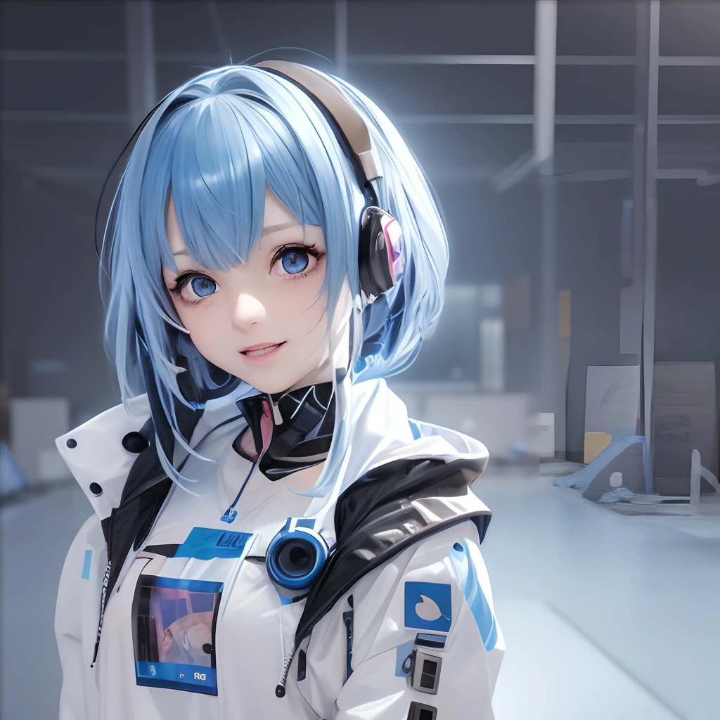 Anime girl with blue hair and blue eyes poses for photo, perfect android girl, anime style 4 k, portrait anime space cadet girl, render of a cute 3d anime girl, photorealistic anime girl render, Cyberpunk Anime Girl, female cyberpunk anime girl, render of april, Smooth Anime CG Art, best anime 4k konachan wallpaper, Non-hyperemic eyes, Flip left and right, great laughter
