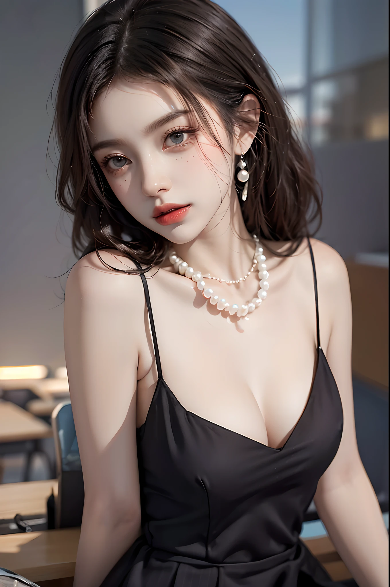 A woman in a black dress sitting on a table with a necklace - SeaArt AI
