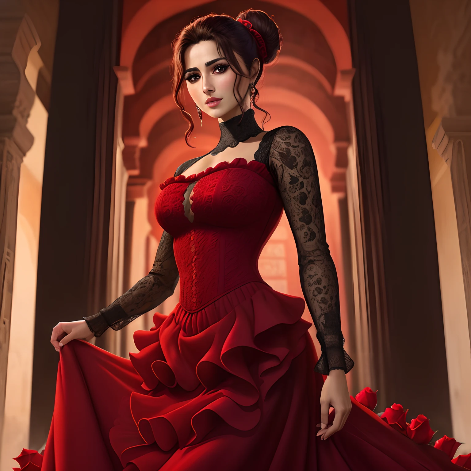 front fullshot of insanely detailed Spanish woman with roses in her updo in Alhambra, wearing a tight long red dress with cleveage long sleeves and ruffled only in the lower part, stuningly beautiful face, big brown eyes, hit definition, volumetric lights, realistic proffesional shot, shot on canon camera, 32k resolution, best quality,