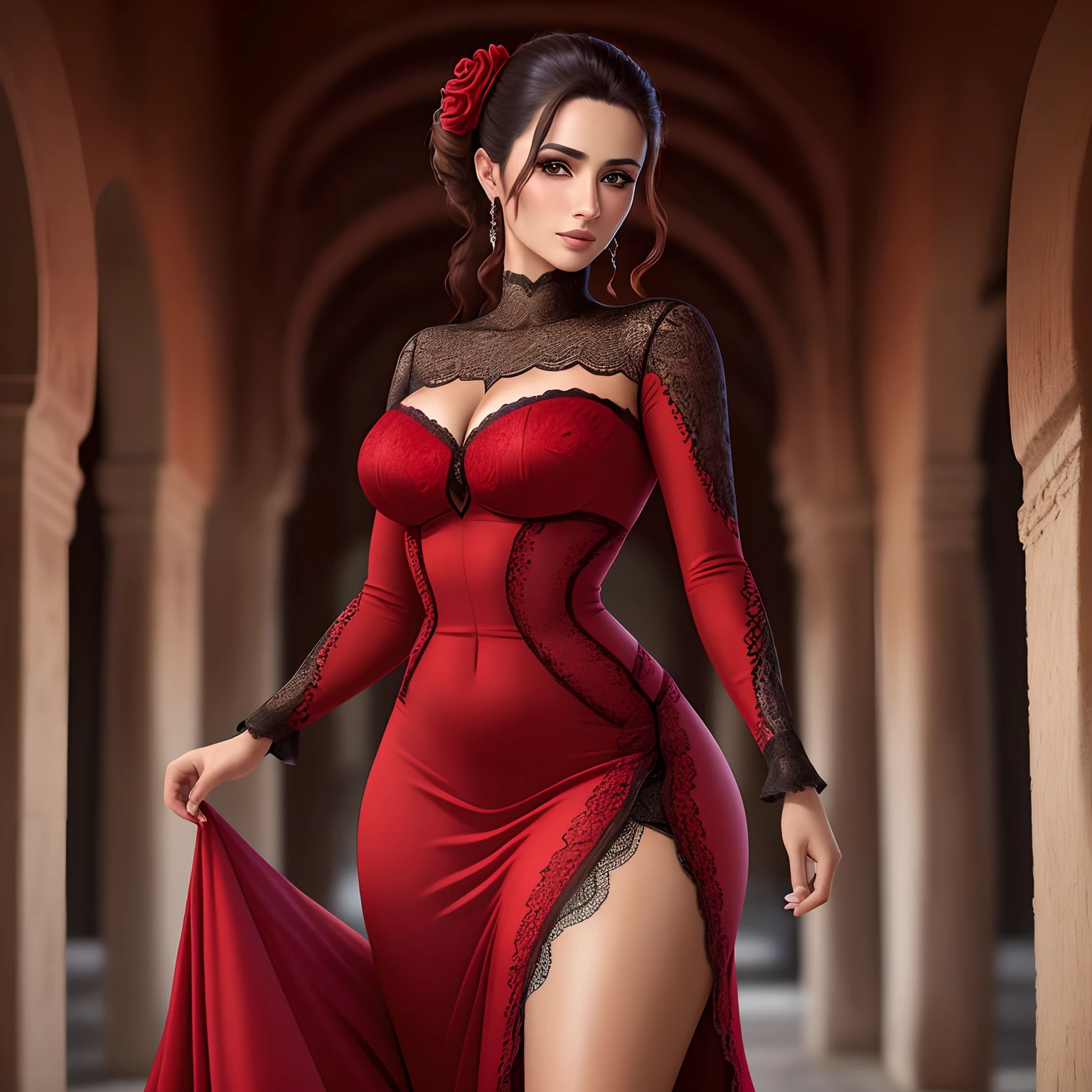 front fullshot of insanely detailed Spanish woman with roses in her updo in Alhambra, wearing a tight long red dress with cleveage long sleeves and ruffled only in the lower part, stuningly beautiful face, big brown eyes, hit definition, volumetric lights, realistic proffesional shot, shot on canon camera, 32k resolution, best quality,