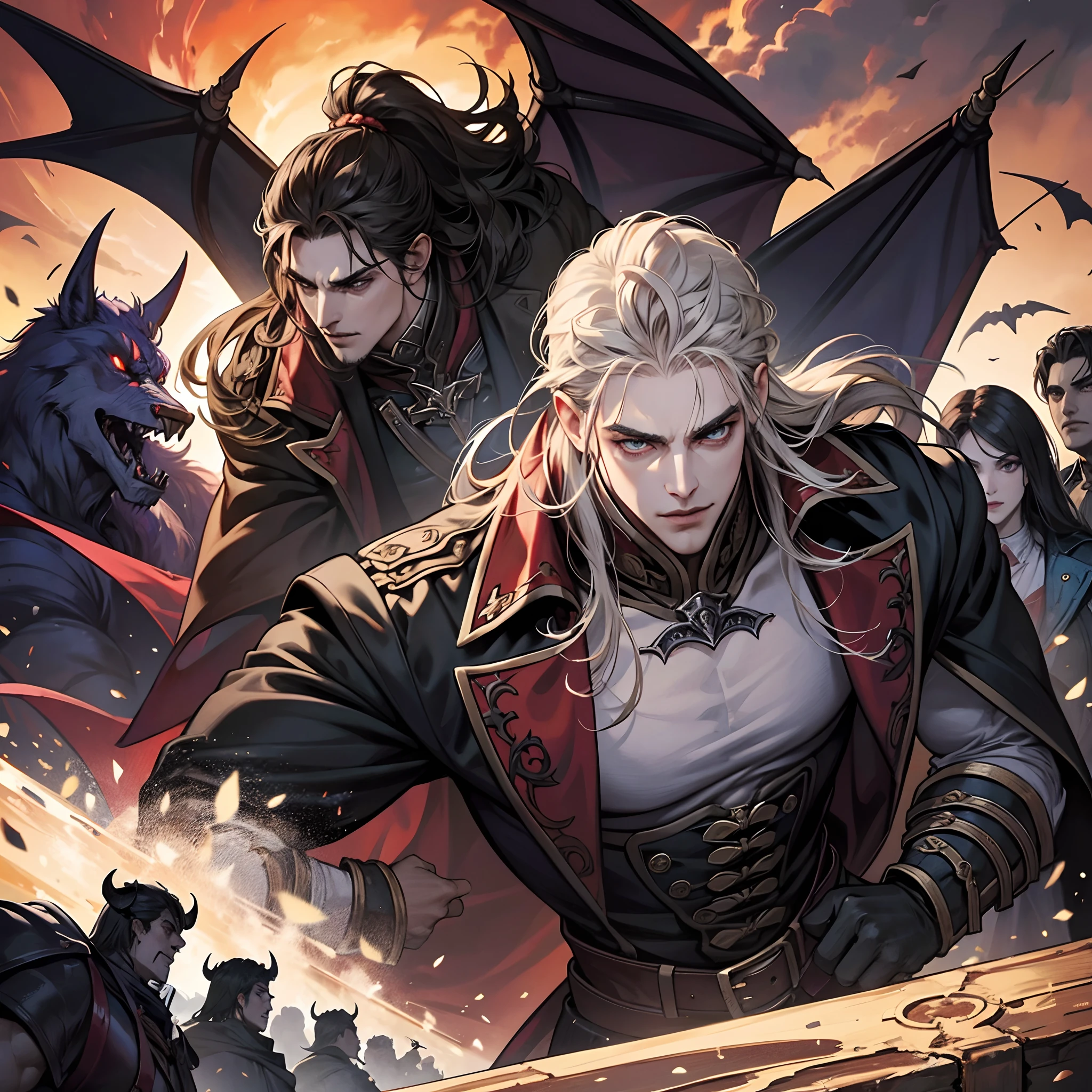 Castlevania Shadow Lord handsome muscular Lord Dracula face super detailed leading armed troops hyper realistic faces super detailed demons in war hyper realistic super detailed dynamic pose super detailed faces hyper realistic super detailed Marvel comics style army medieval