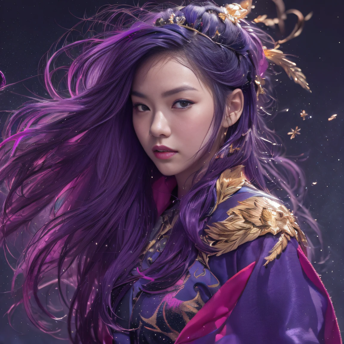 32K(tmasterpiece,k hd,hyper HD,32K)Long flowing bright purple hair,Autumn Pond,zydink, a color, Asian people (Silly girl), (Silk scarf), Combat posture, looking at the ground, long whitr hair, Floating bright purple, Fire cloud pattern gold tiara, Chinese long-sleeved gold silk garment, (abstract ink splash:1.2), white backgrounid,Lotus protector(realisticlying:1.4),Bright purple hair,Smoke on the road,The background is pure, A high resolution, the detail, RAW photogr, Sharp Re, Nikon D850 Film Stock Photo by Jefferies Lee 4 Kodak Portra 400 Camera F1.6 shots, Rich colors, ultra-realistic vivid textures, Dramatic lighting, Unreal Engine Art Station Trend, cinestir 800,Long flowing bright purple hair