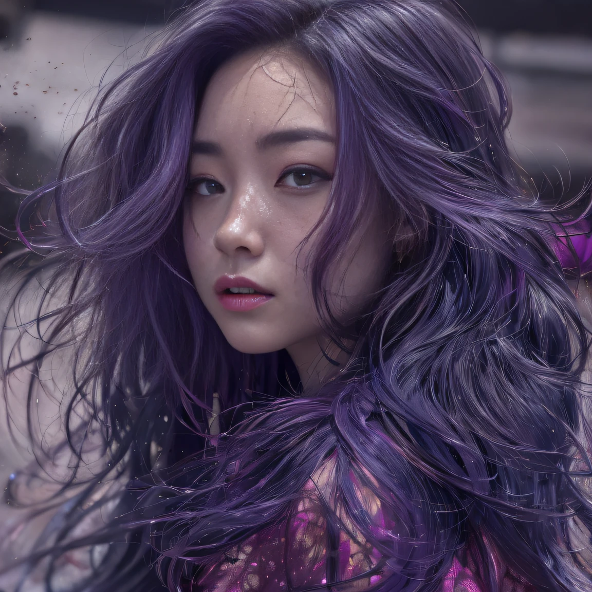 32K(tmasterpiece,k hd,hyper HD,32K)Long flowing bright purple hair,Autumn Pond,zydink, a color, Asian people (Silly girl), (Silk scarf), Combat posture, looking at the ground, long whitr hair, Floating bright purple, Fire cloud pattern gold tiara, Chinese long-sleeved gold silk garment, (abstract ink splash:1.2), white backgrounid,Lotus protector(realisticlying:1.4),Bright purple hair,Smoke on the road,The background is pure, A high resolution, the detail, RAW photogr, Sharp Re, Nikon D850 Film Stock Photo by Jefferies Lee 4 Kodak Portra 400 Camera F1.6 shots, Rich colors, ultra-realistic vivid textures, Dramatic lighting, Unreal Engine Art Station Trend, cinestir 800,Long flowing bright purple hair
