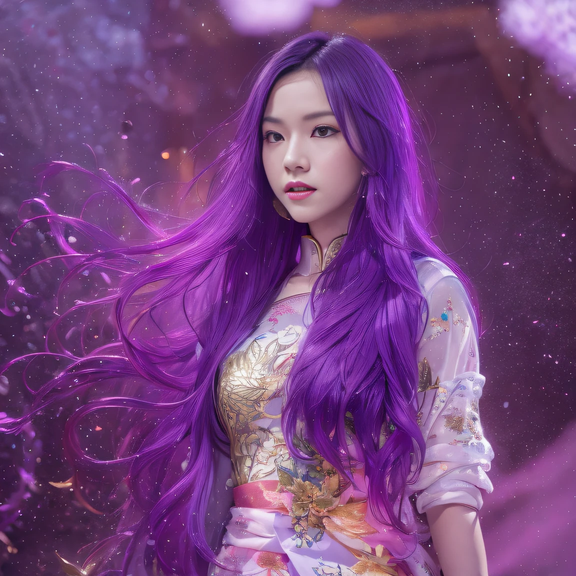 32K(tmasterpiece,k hd,hyper HD,32K)Long flowing bright purple hair,Autumn Pond,zydink, a color, Asian people (Silly girl), (Silk scarf), Combat posture, looking at the ground, long whitr hair, Floating bright purple, Fire cloud pattern gold tiara, Chinese long-sleeved gold silk garment, (abstract ink splash:1.2), white backgrounid,Lotus protector(realisticlying:1.4),Bright purple hair,Smoke on the road,The background is pure, A high resolution, the detail, RAW photogr, Sharp Re, Nikon D850 Film Stock Photo by Jefferies Lee 4 Kodak Portra 400 Camera F1.6 shots, Rich colors, ultra-realistic vivid textures, Dramatic lighting, Unreal Engine Art Station Trend, cinestir 800,Long flowing bright purple hair