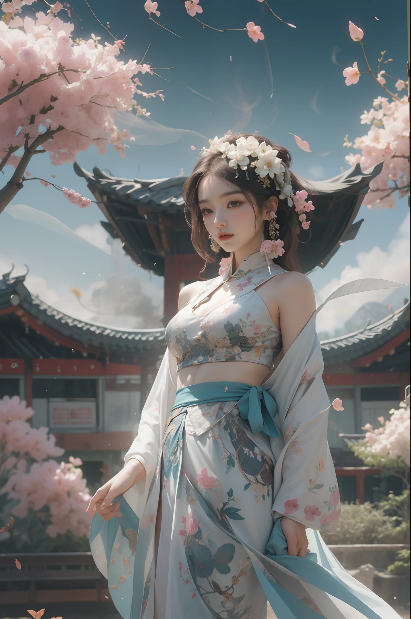 nsfw, zhongfenghua, 1girl, solo, hanfu, ancient_chinese_architecture, flower field, blossom, (white smoke:1.3) (photorealistic:1.4), zentangle, mandala, entangle, official art, unity 8k wallpaper, ultra detailed, beautiful and aesthetic, masterpiece,best quality, (dynamic angle:1.4), glowing skin, (floating colorful sparkles:1) chaos, elegant, vivid colours, romanticism depth of field exotic_dance, half_naked