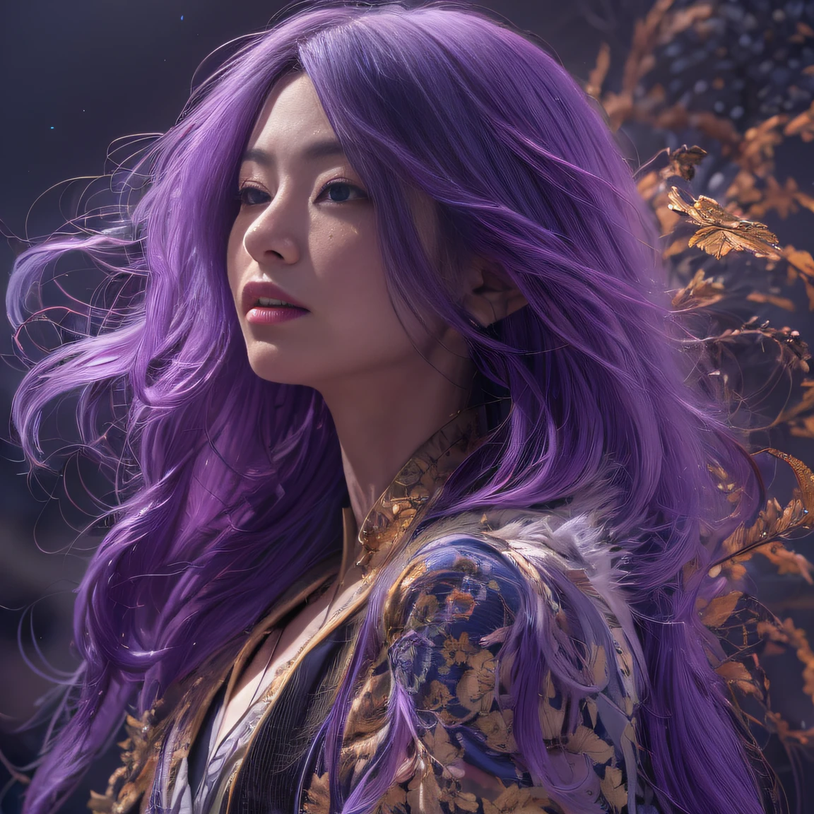 32K(tmasterpiece,k hd,hyper HD,32K)Long flowing bright purple hair,Autumn Pond,zydink, a color, Asian people (Silly girl), (Silk scarf), Combat posture, looking at the ground, long whitr hair, Floating bright purple, Fire cloud pattern gold tiara, Chinese long-sleeved gold silk garment, (abstract ink splash:1.2), white backgrounid,Lotus protector(realisticlying:1.4),Bright purple hair,Smoke on the road,The background is pure, A high resolution, the detail, RAW photogr, Sharp Re, Nikon D850 Film Stock Photo by Jefferies Lee 4 Kodak Portra 400 Camera F1.6 shots, Rich colors, ultra-realistic vivid textures, Dramatic lighting, Unreal Engine Art Station Trend, cinestir 800,Long flowing bright purple hair