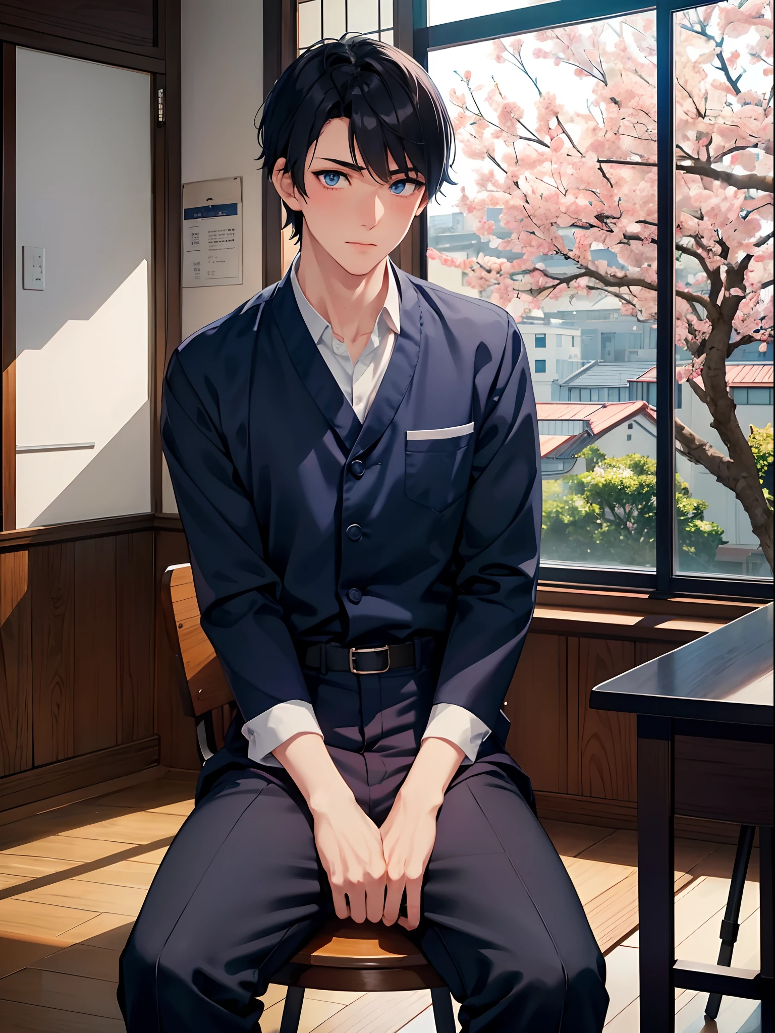 1 male, navy blue short hair, dark blue eyes, wearing Japanese male high school uniform, long black pants, nervous, blushing, gentle, soft, sit on the chair, near window, sakura view, looking at viewer, handsome, indoors, Classroom background (masterpiece, best quality, beautiful detailed eyes, detailed face)