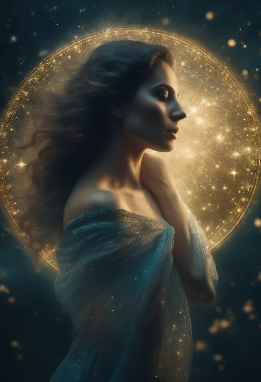 mystical woman , full body view, symbol of the zodiac sign Pisces excellent quality cold colors 4k fantasy, surrealism, constellation