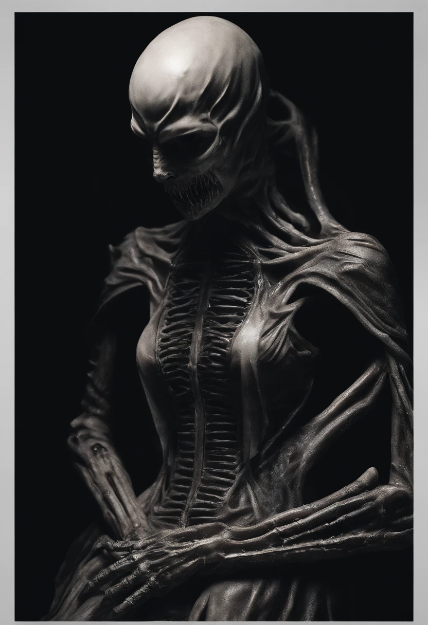 1 girl, breasts, simple background, Whole body, xenemorf, alien, HR Giger 