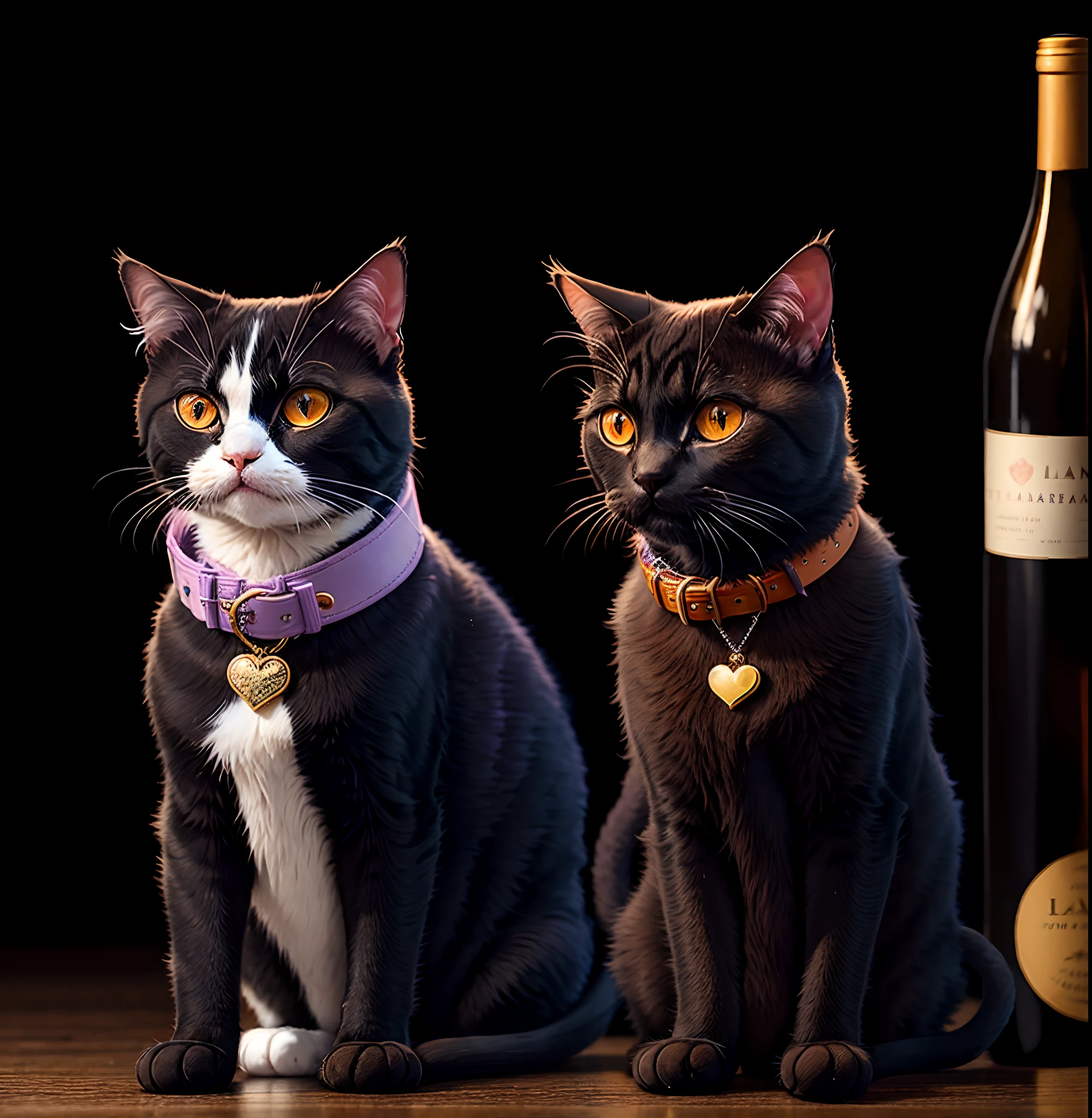 10-month-old tuxedo cat with orange eyes, small size of low fur with lilac collar and heart pendant drinking wine