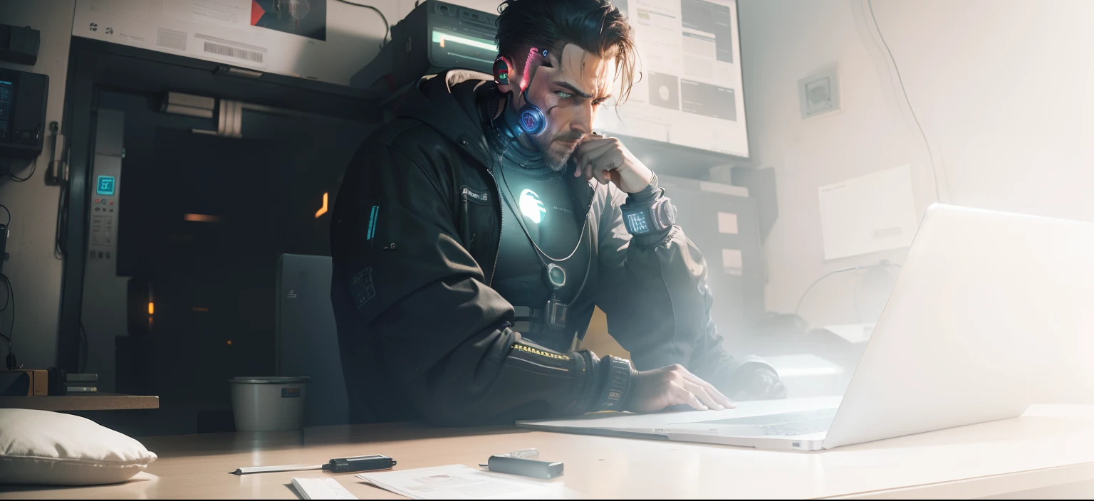 a man in a cyberpunk room working on Laptop