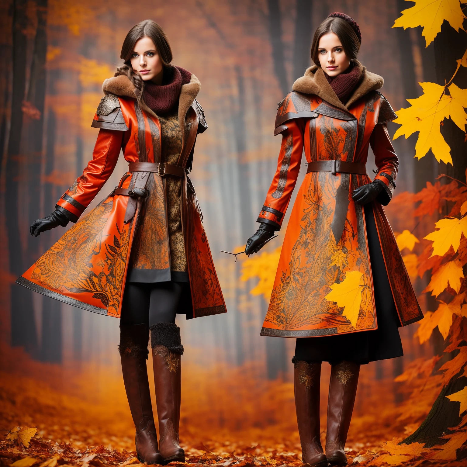 RPG Model German brunette , dressed in an autumn coat painted with unusual patterns;  , stands in full growth , Her boots are visible , Front light , Beautiful autumn coat painted with unusual patterns.