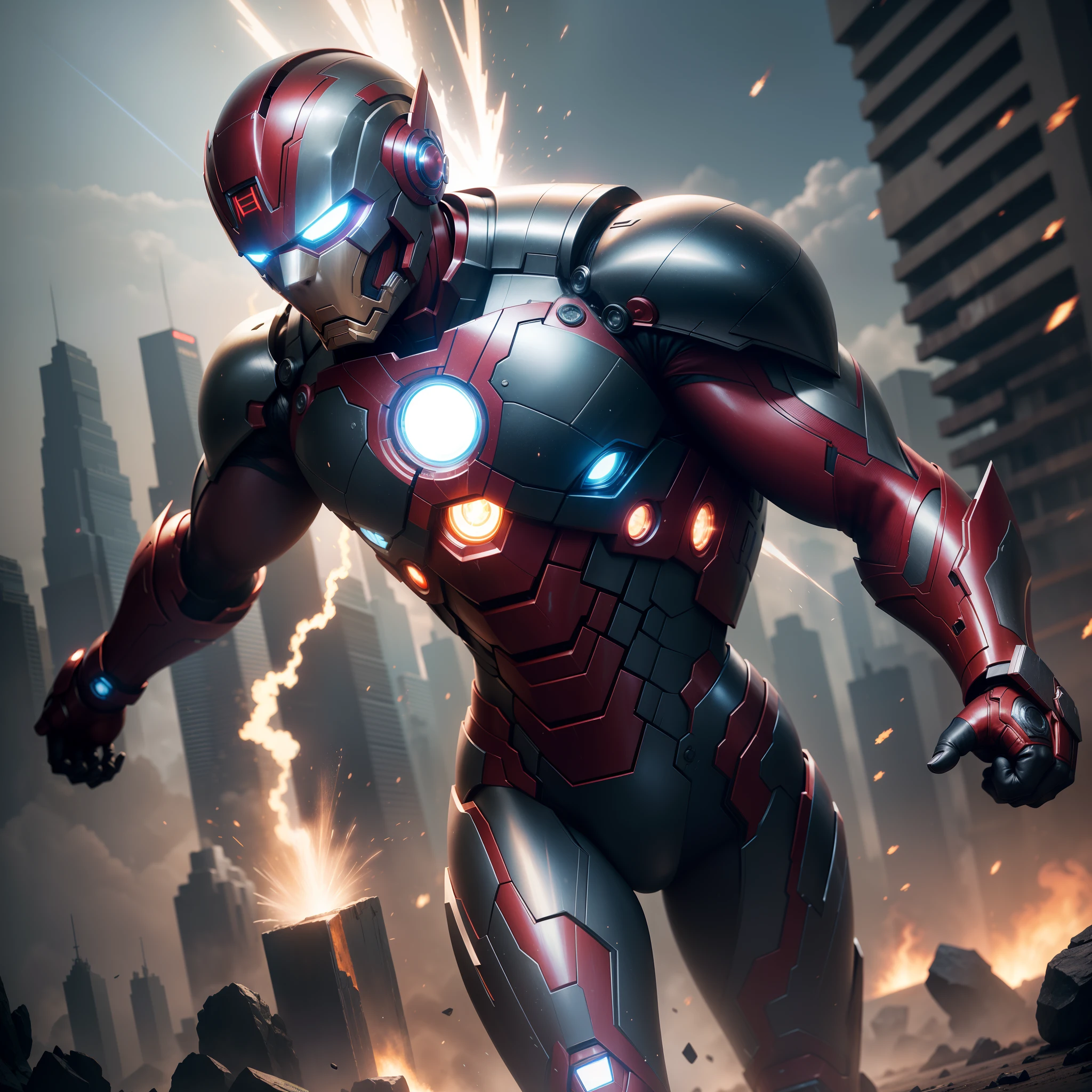 (high quality,4k,8k,highres,masterpiece:1.2),ultra-detailed,(realistic,photorealistic,photo-realistic:1.37),iron man,suit of armor,metallic red and gold,advanced technology,superhero,glowing arc reactor,flamethrowers,rocket boosters,faceplate with glowing eyes,futuristic cityscape backdrop,heroic stance,flying in mid-air,action-packed,explosions and sparks,various weapons and gadgets,fierce expression,badass,sculpted muscles,sharp edges and sleek design,high-tech HUD display,dynamic lighting,reflective surfaces,combat-ready posture,artificial intelligence assistance,flying debris and particles,charged repulsor blasts,visually stunning,attention to detail,comic book-inspired,battle scene,holographic projections,fighting off enemies,endless energy source,iron-like resilience,undying determination,iconic Marvel superhero.