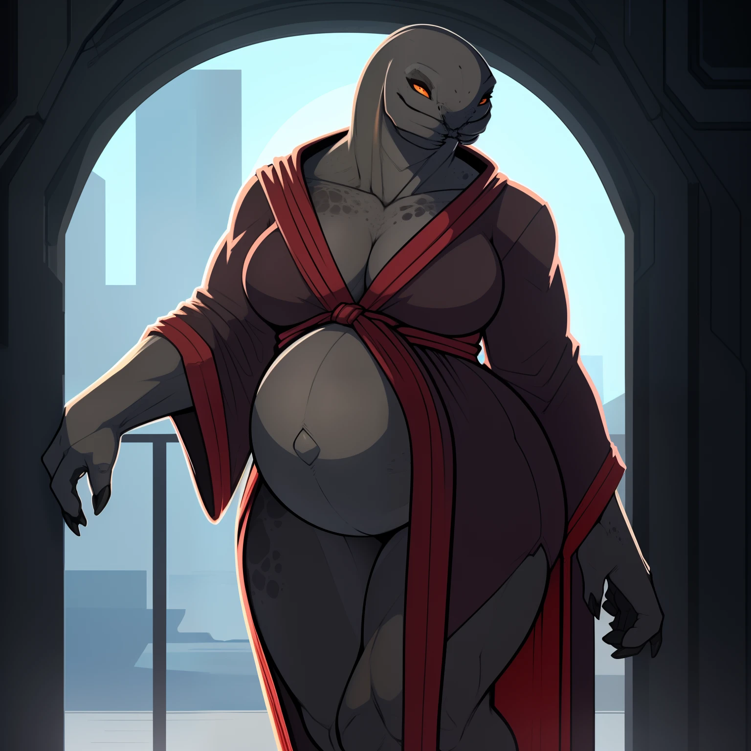 Tall_Muscular_mature_sangheili female dark_gray_scaled_body robes loving_gaze hearts pregnant solo Masterpiece best_quality absurdres highly_detailed cleanly_drawn_eyes anthro_only by_claweddrip, by_greasymojo, by_underscore-b, by_runawaystride