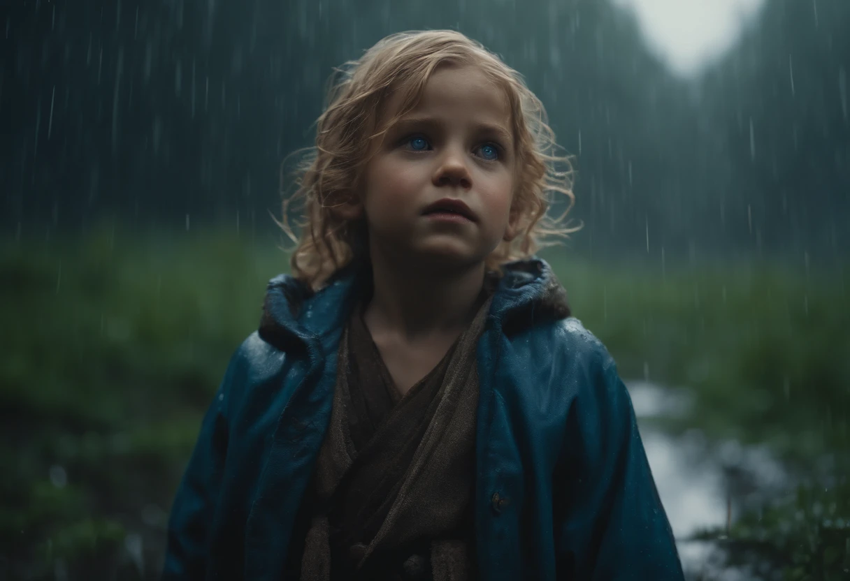 POOR CHILDREN IN THE RAIN, detailed matte painting, deep color, fantastical, intricate detail, splash screen, complementary colors, fantasy concept art, 8k resolution trending on Artstation Unreal Engine 5", CAUCASIAN, GOLDEN HAIR, BLUE EYES,