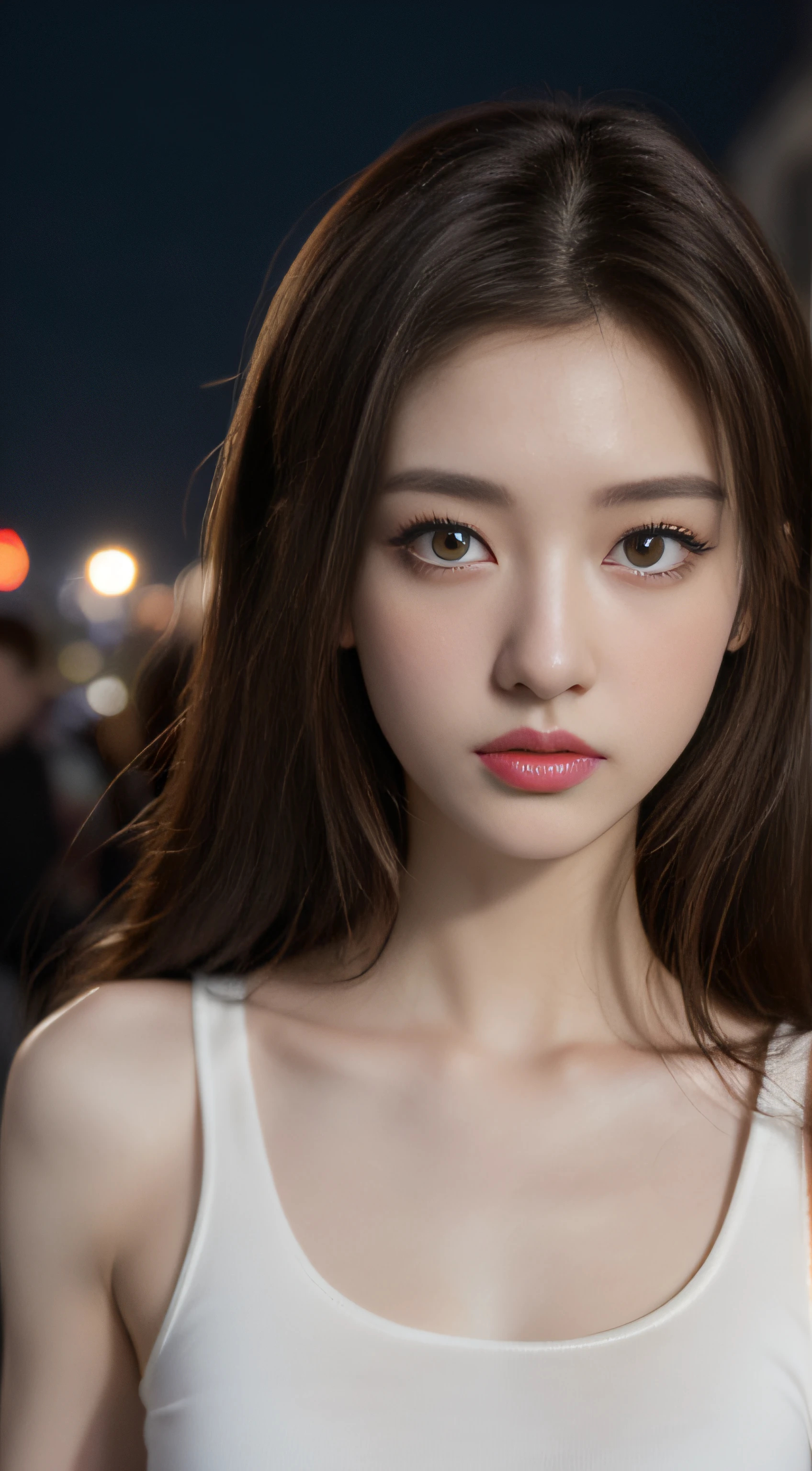 ((Realistic lighting, Best quality, 8K, Masterpiece: 1.3)), Clear focus: 1.2, 1girl, Perfect Figure: 1.4, Slim Abs: 1.1, ((Dark brown hair)), (White crop top: 1.4), (Outdoor, Night: 1.1), City streets, Super fine face, Fine eyes, Double eyelids,