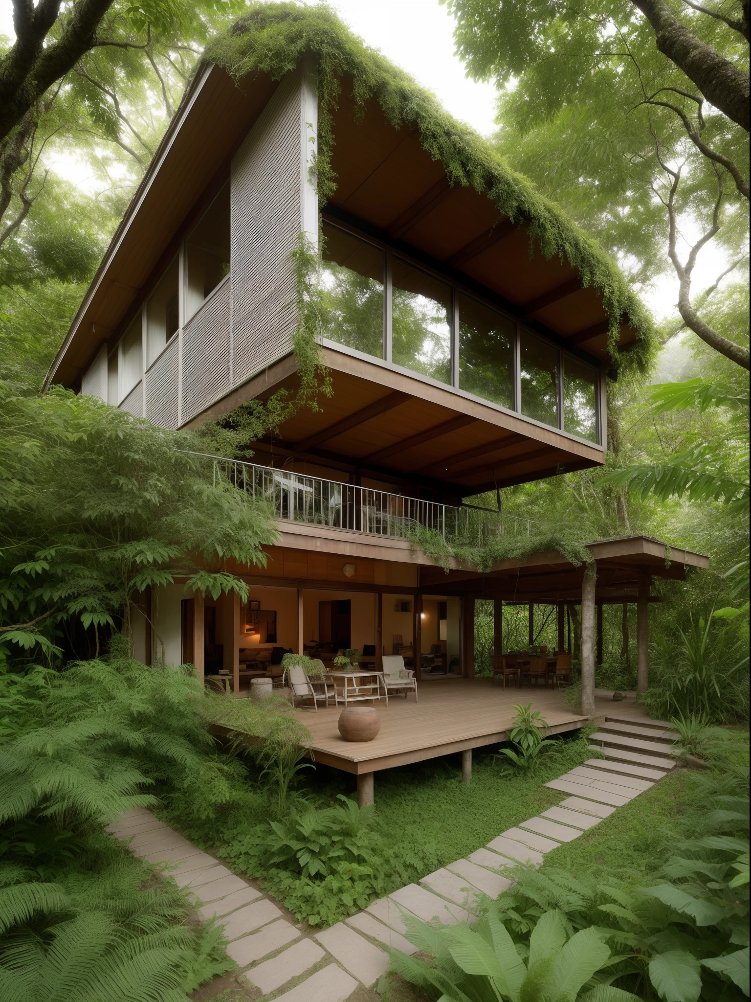 a charming house nestled within the heart of a dense jungle. The house is surrounded by lush vegetation, with tall trees forming a canopy overhead. Sunlight filters through the leaves, casting dappled patterns on the ground. This jungle house is a sanctuary of tranquility, where the sounds of chirping birds and rustling leaves create a symphony that harmonizes with the natural beauty of the surroundings.