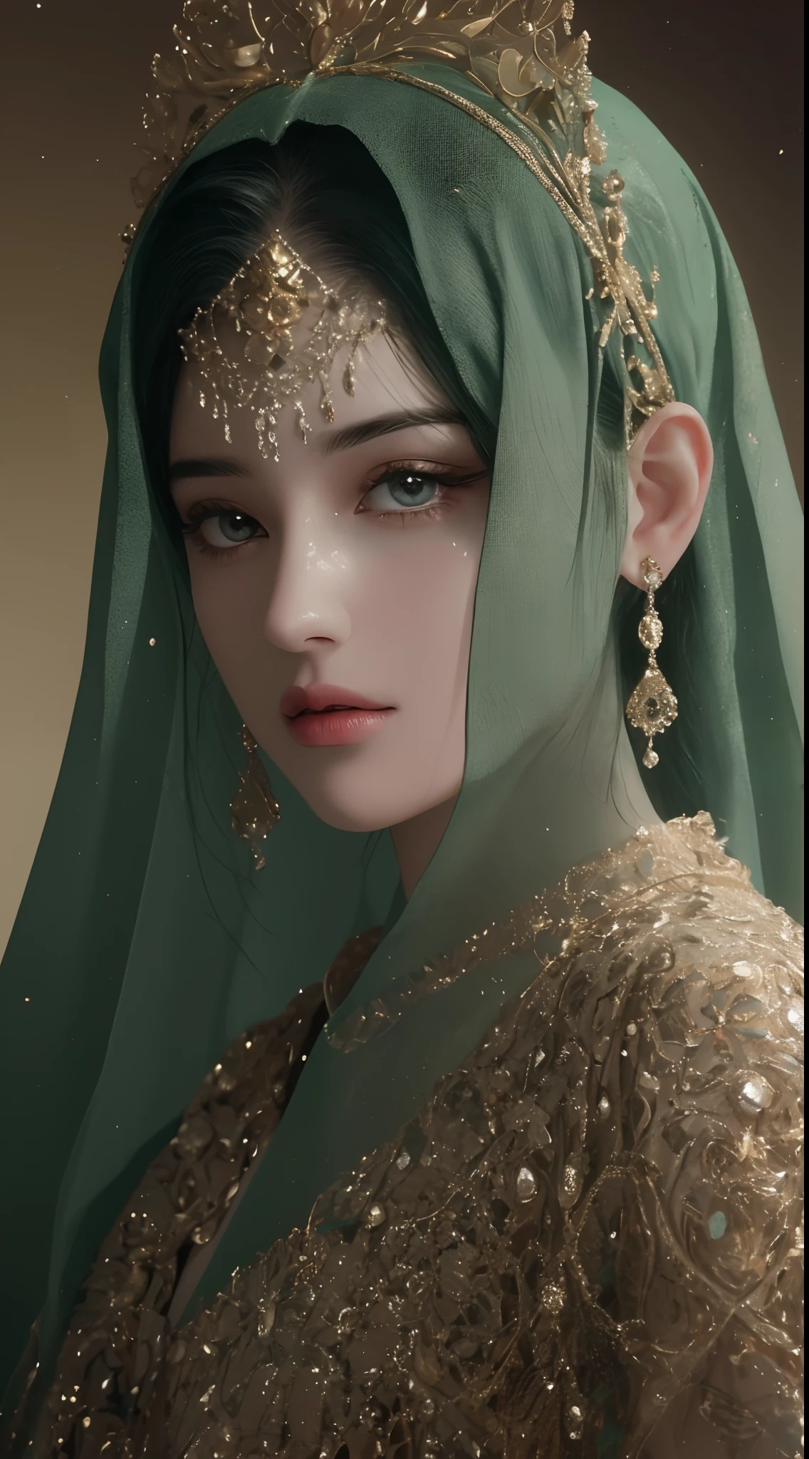 a close up of a woman wearing a green veil and a gold head piece, stunning digital illustration, 4k highly detailed digital art, beautiful digital artwork, arabian beauty, beautiful digital illustration, 8k stunning artwork, 8k high quality detailed art, intricate wlop, detailed beauty portrait, arabian princess, detailed beautiful portrait, beautiful art uhd 4 k