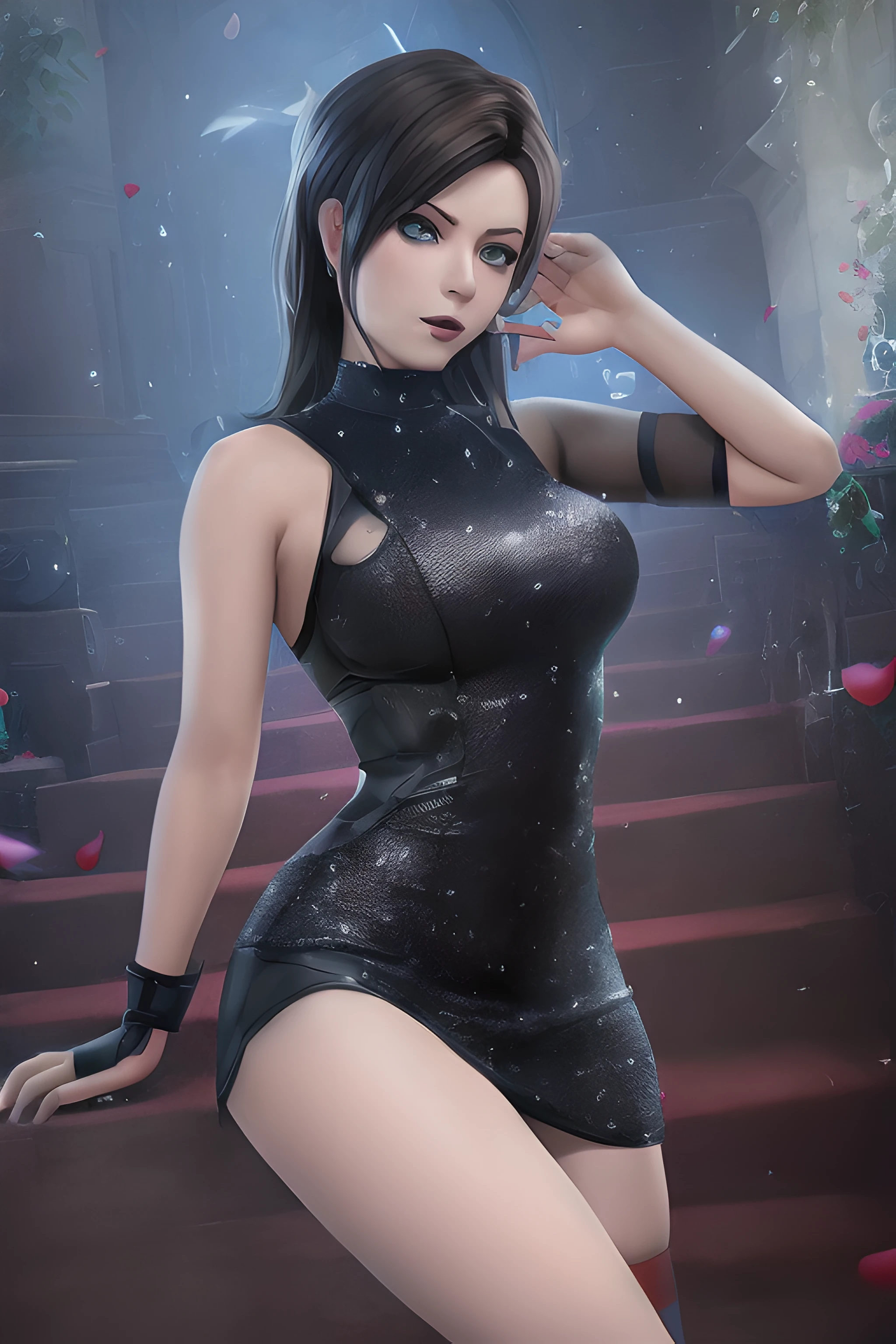 There is a woman in a short dress posing on a staircase, tracer in a skintight dress, 8k arte detalhada de alta qualidade, Garota Anime usando um vestido preto, Anya, Spy X Family, Retrato sedutor de Tifa Lockhart, vestido preto brilhante, Succubus em vestido curto apertado, Glamorosa Jill Valentine, pintura digital brilhante, deviantart artstation cgscosiety