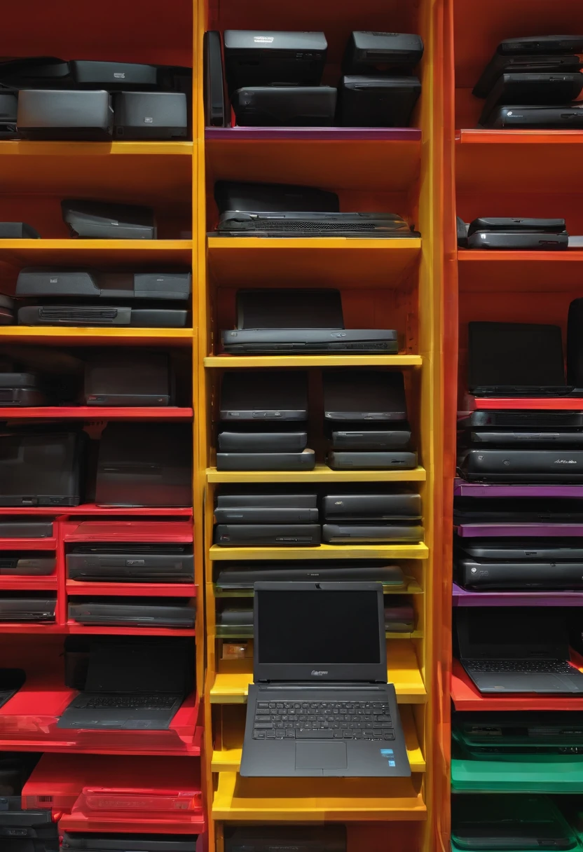laptop shop shows various laptops on shelf in line