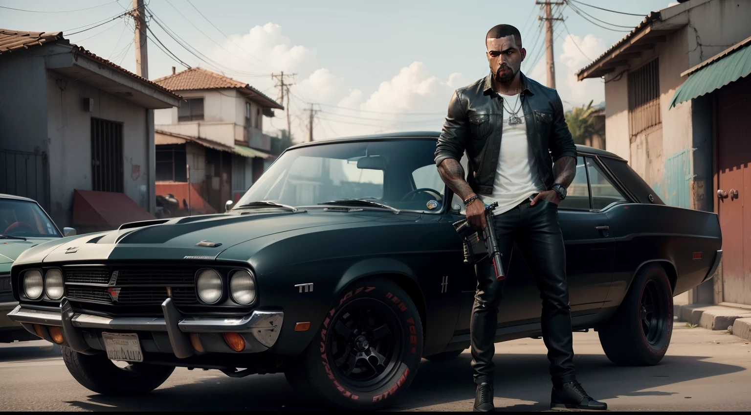 Um Dodge Charge R/T 1970 preto, There's a man , gta personagem, Como o protagonista de GTA 5, GTA V Estilo, como um personagem de gtav, corte de cabelo red,cabelo red,Kanye West em GTA v, Estilo GTA5, gta v personagem, empunhando fuzil de assalto,rifle in hand ,fuzil AK-47 ,gta 5 tom de pele negro,em favela estilo brasil